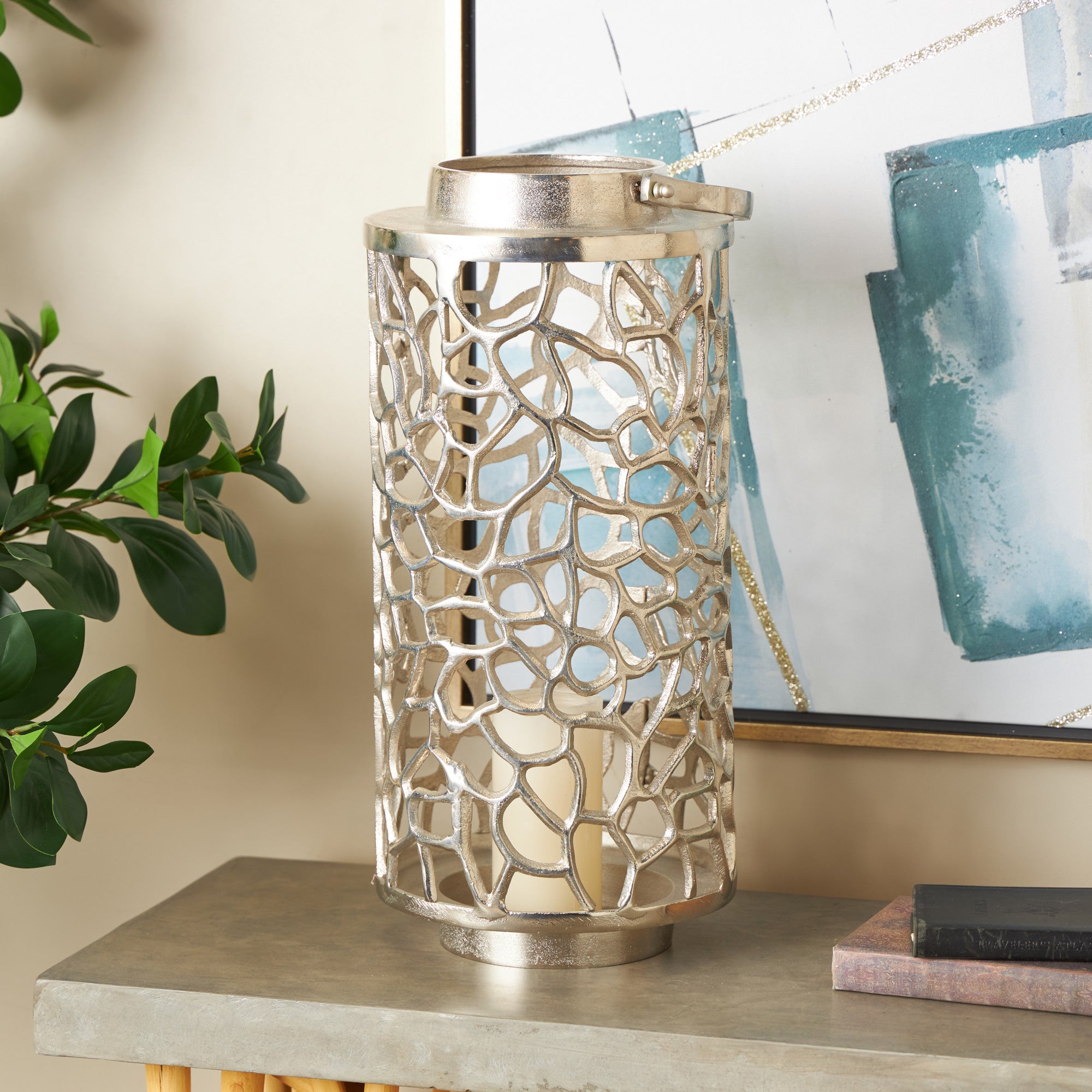 Coral Silver Aluminum Metal Indoor Outdoor Candle Lantern with Arched Handle and Elevated Base