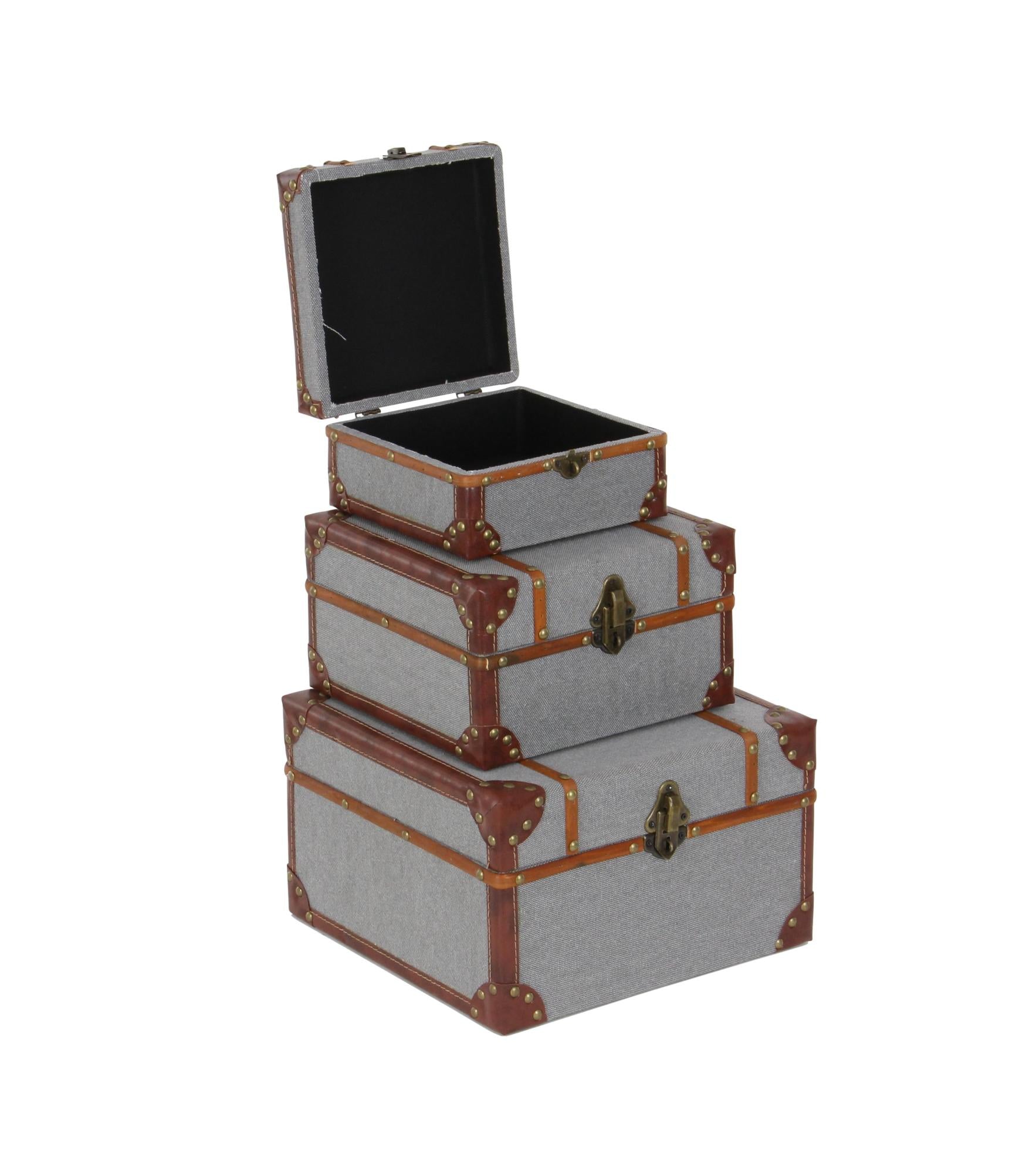 Set of 3 Gray Wooden Upholstered Decorative Box with Hinged Lid