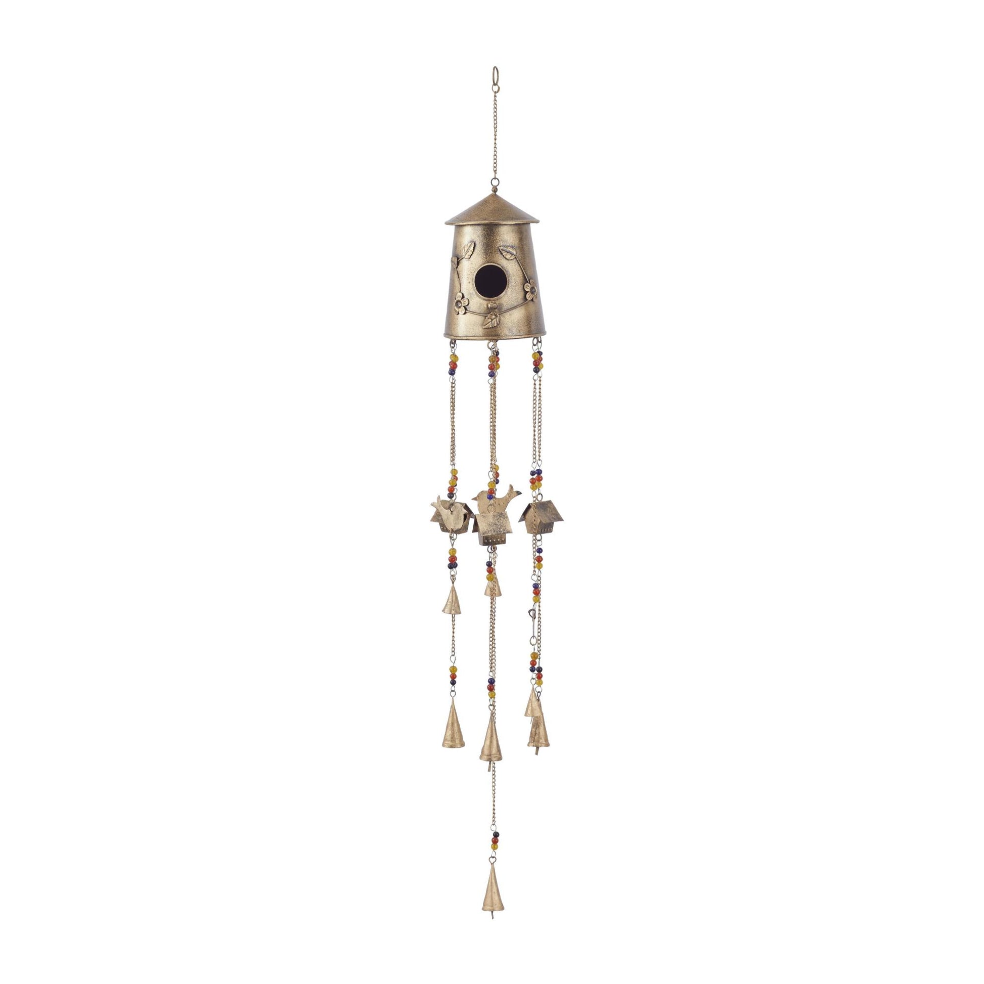Bronze Metal Handmade Birdhouse Indoor Outdoor Windchime with Glass Beads and Bells