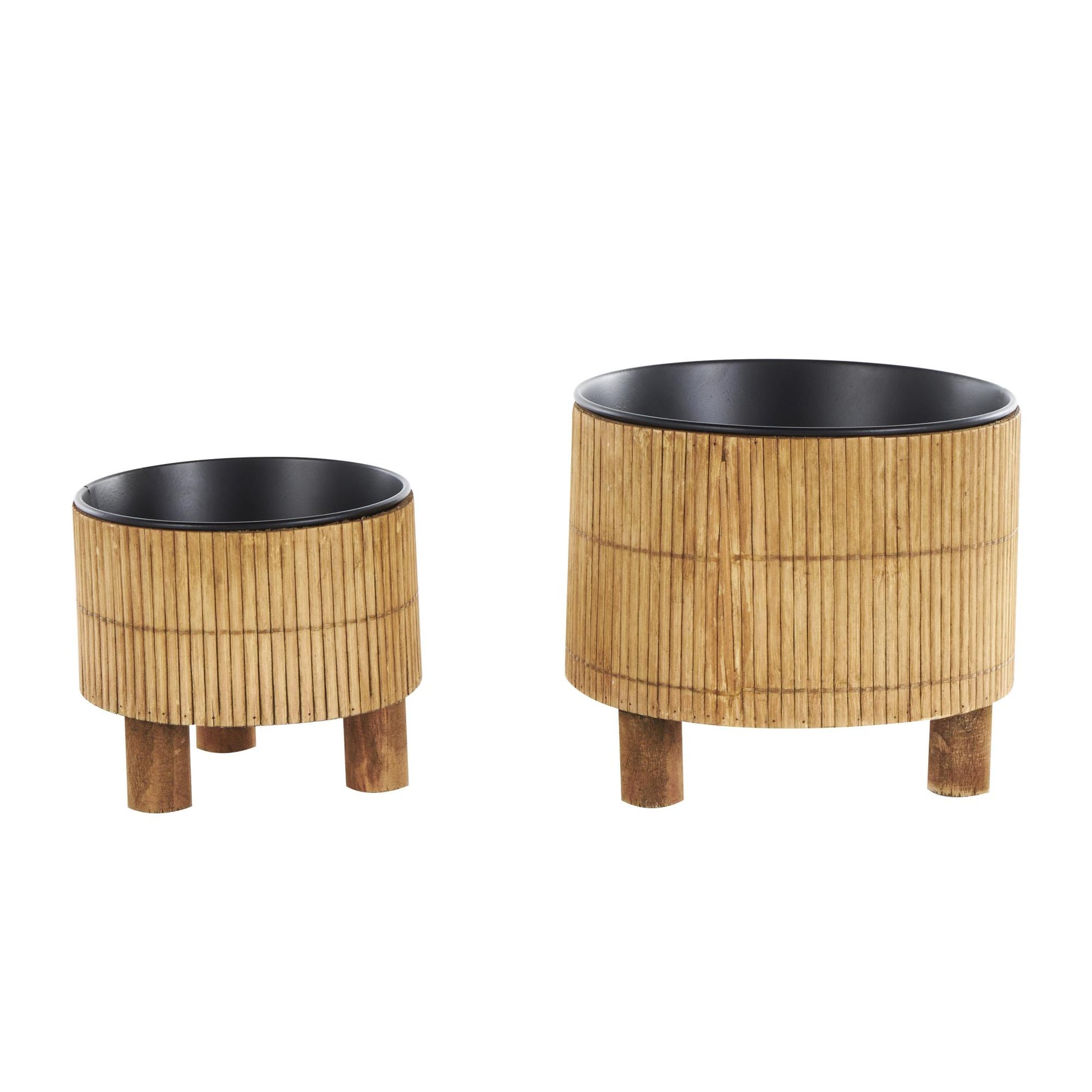 Set of 2 Brown Bamboo Wood Handmade Indoor Planter with Black Metal Interior