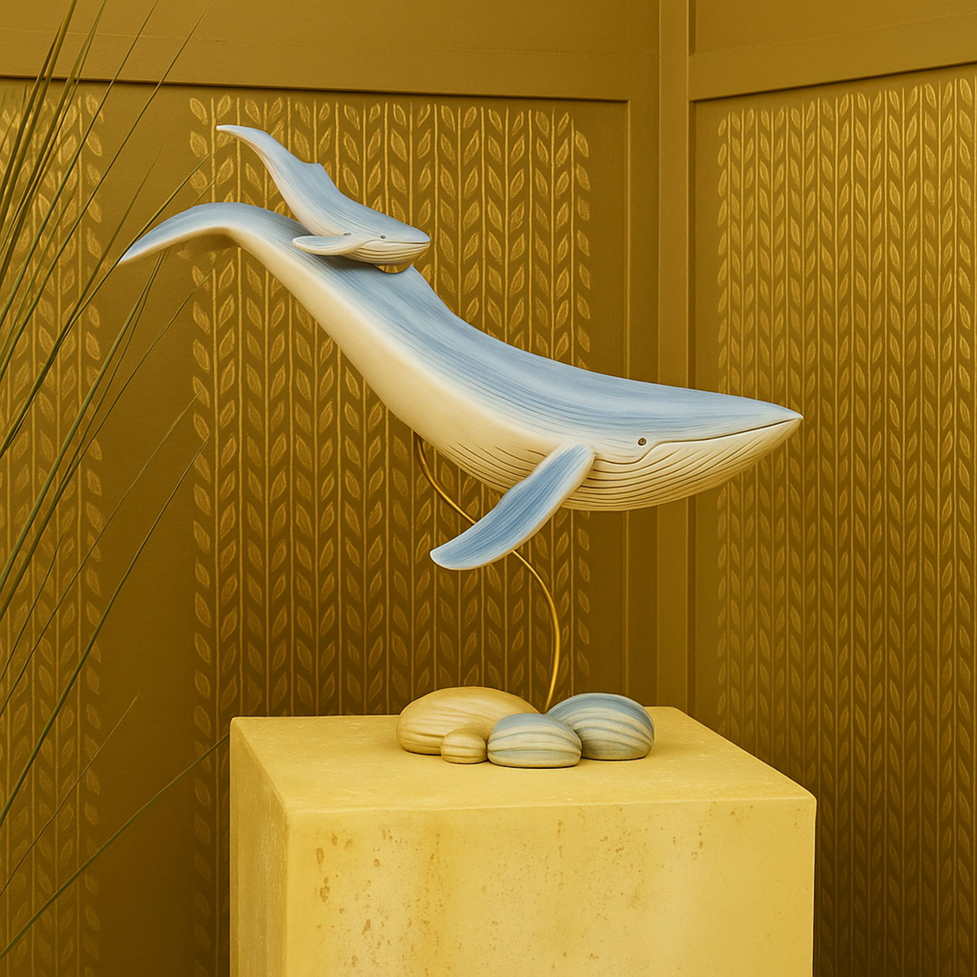 Whale Blue Polystone Swimming Mother and Baby Decorative Sculpture with Yellow Accents