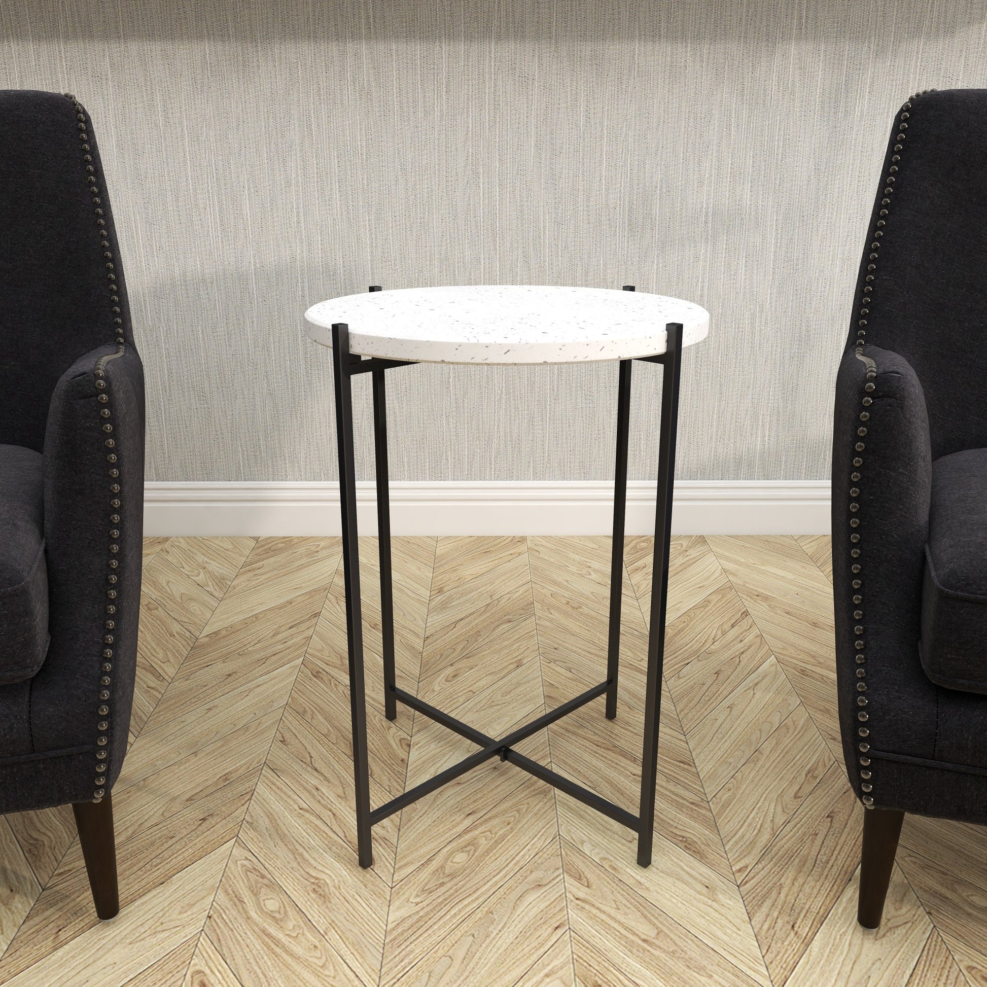 White Terrazzo Stone Side End Accent Table with Black Metal X-Stand