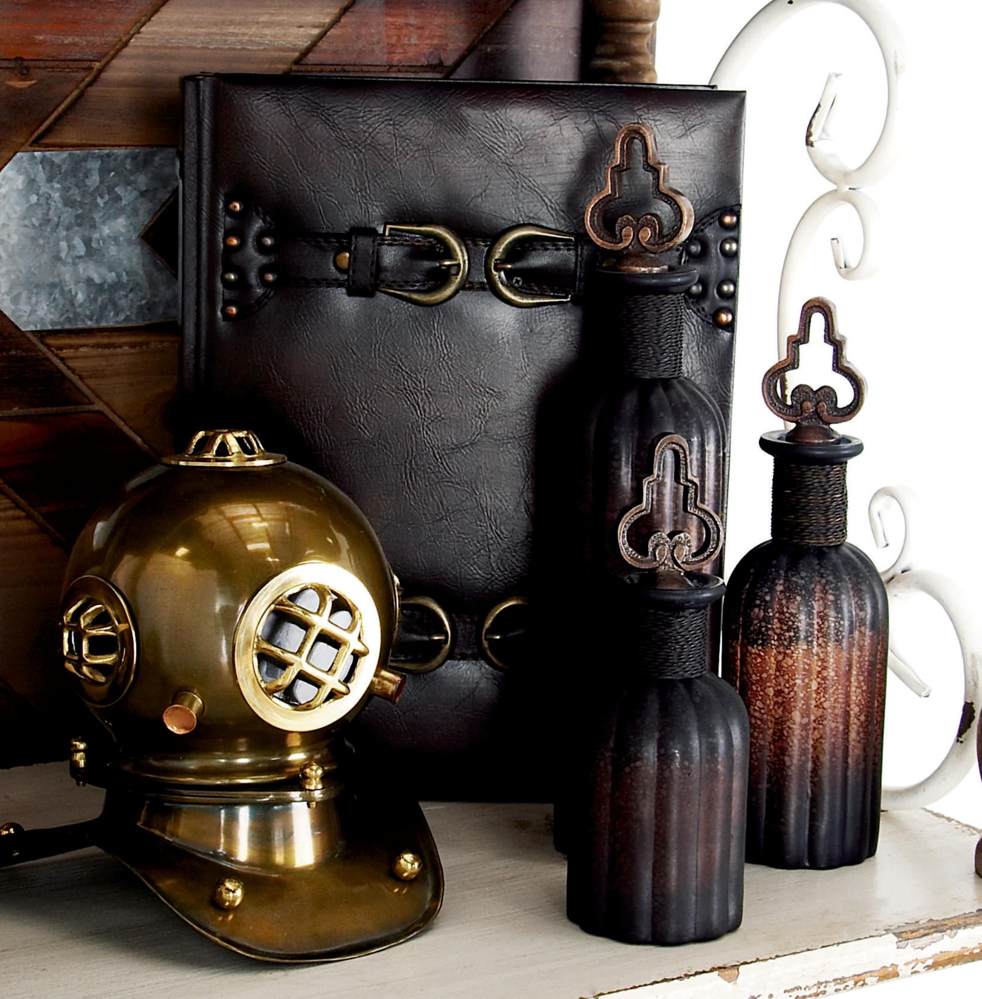 Set of 3 Dark Brown Faux Leather Vintage Faux Book Storage Decorative Box with Gold Buckle Accents