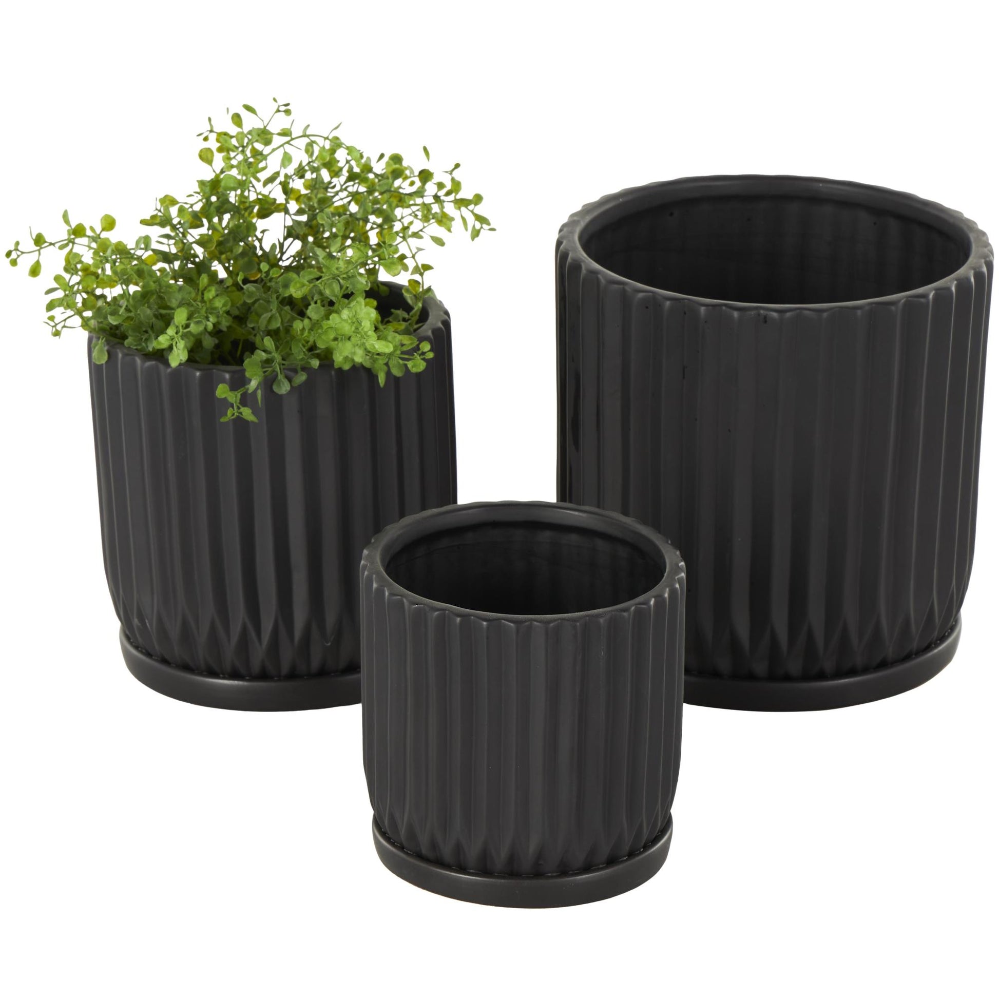 Set of 3 Ceramic Ribbed Indoor Outdoor Planter with Attached Saucer