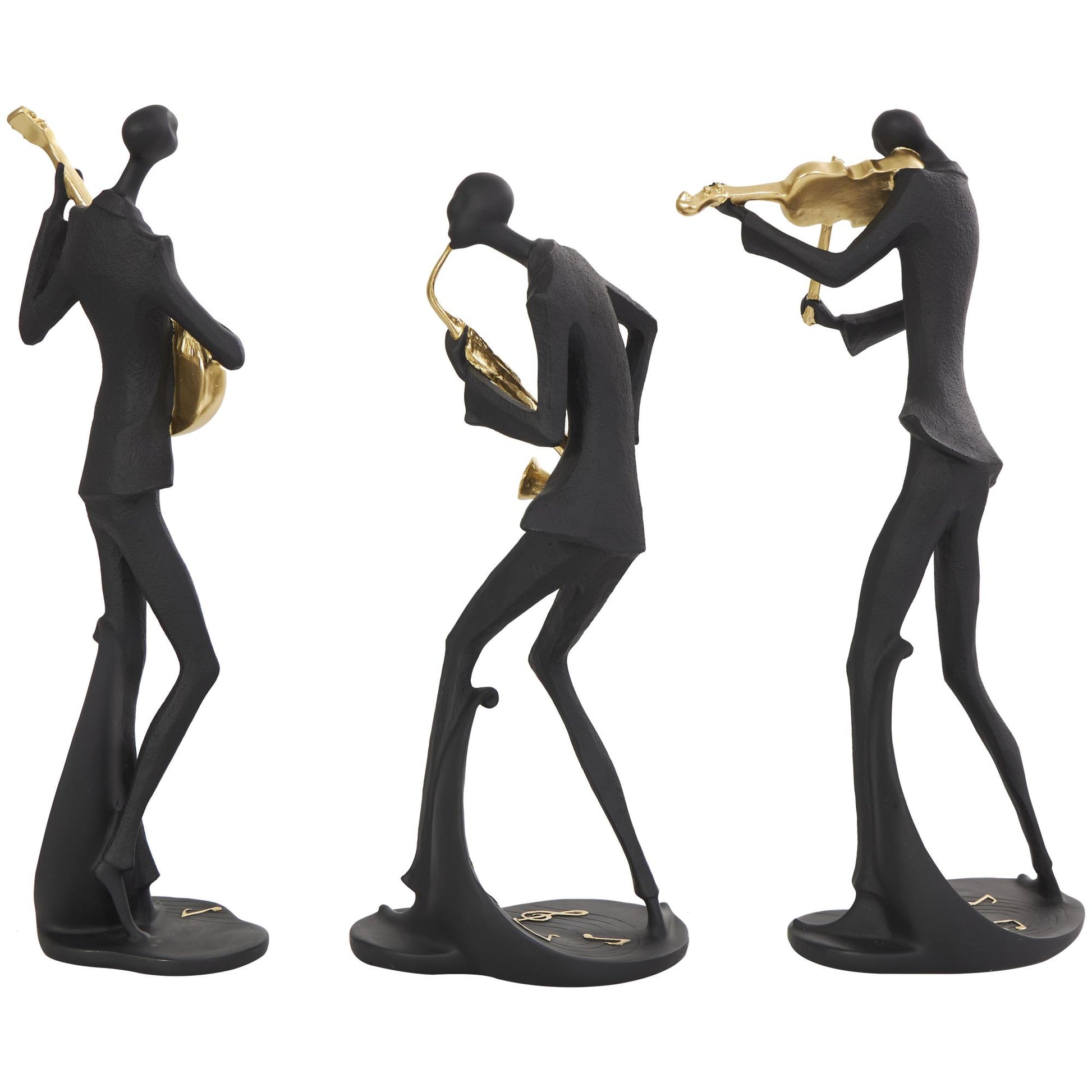 Set of 3 Musician Black Polystone Abstract Decorative Sculpture with Gold Instruments and Music Notes