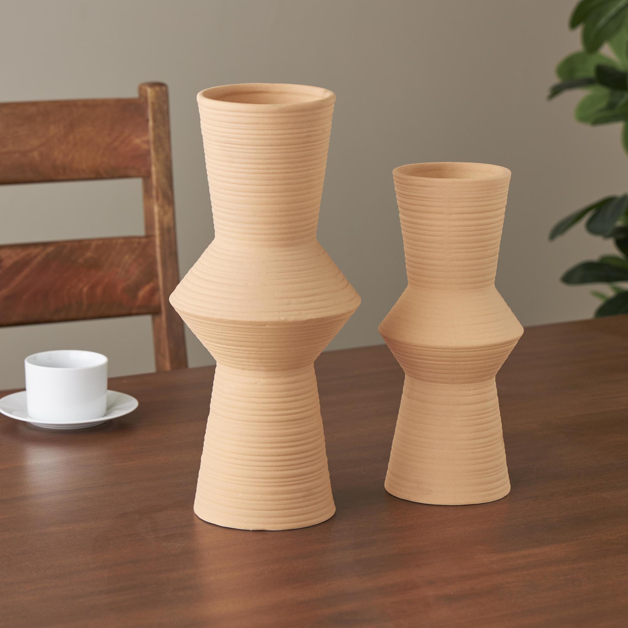 Set of 2 Ceramic Ribbed Cone Shaped Decorative Vase Set of 2 16", 13"H
