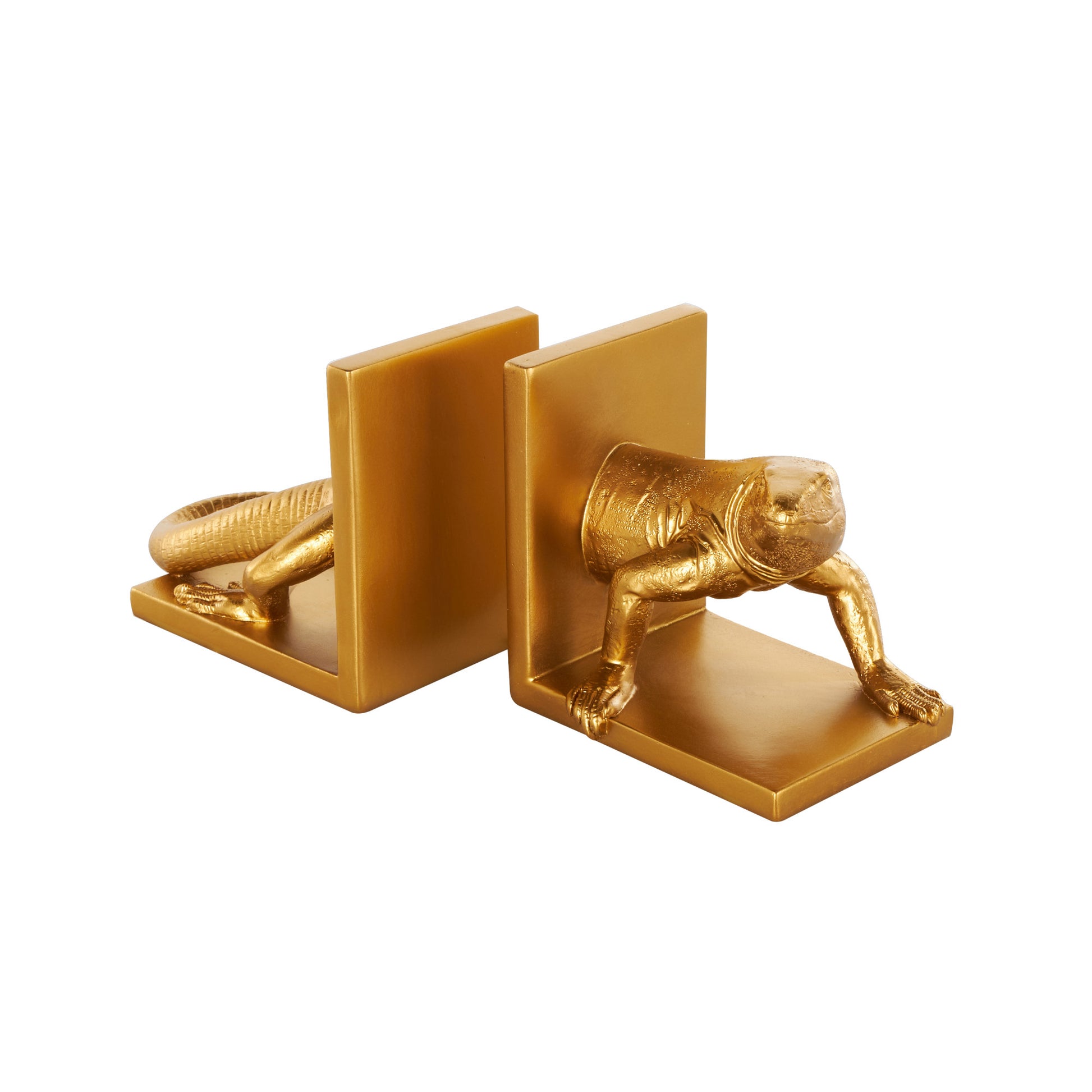 Set of 2 Lizard Gold Resin Crawling Decorative Bookends