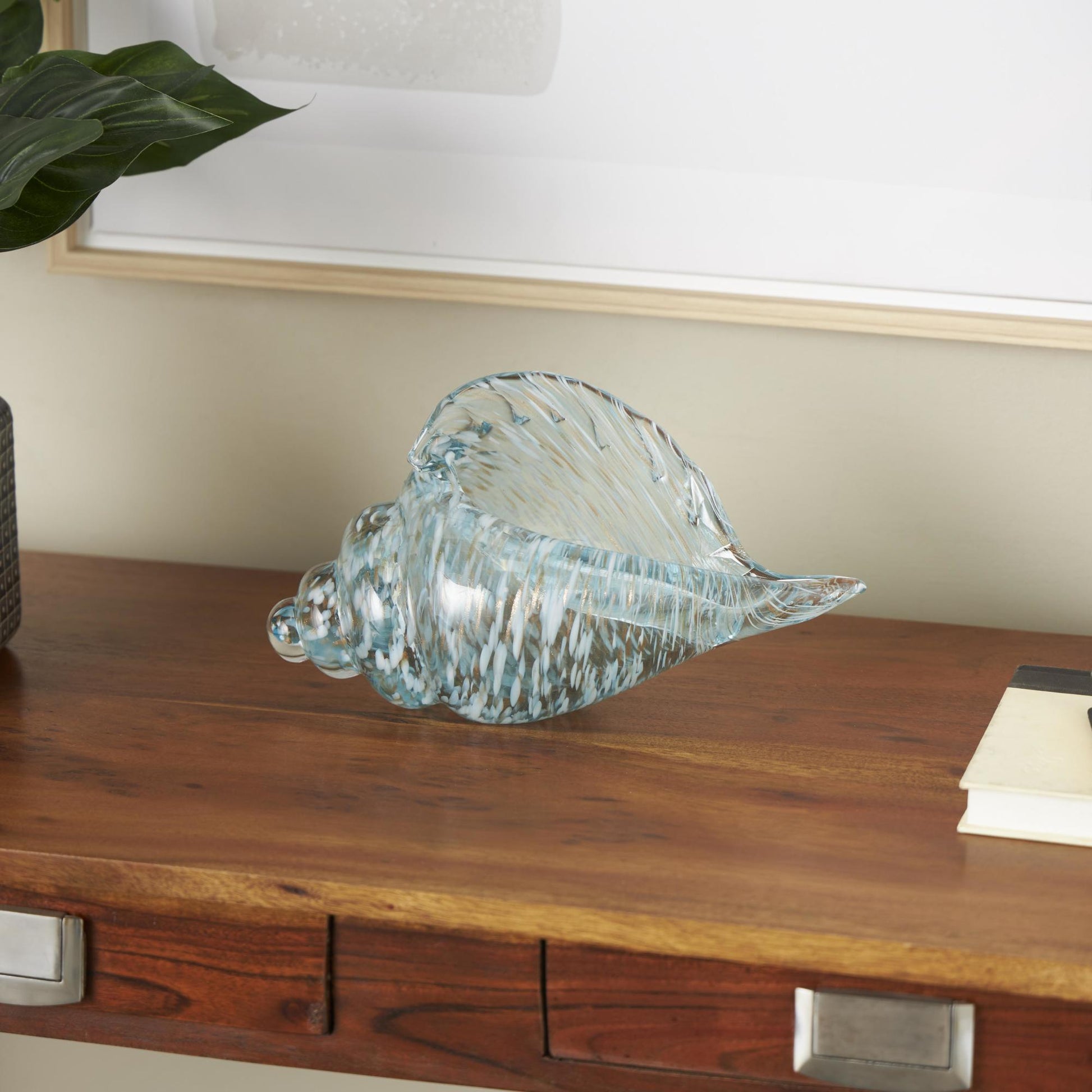 Shell Blue Glass Textured Decorative Sculpture with Gold and Cream Accents