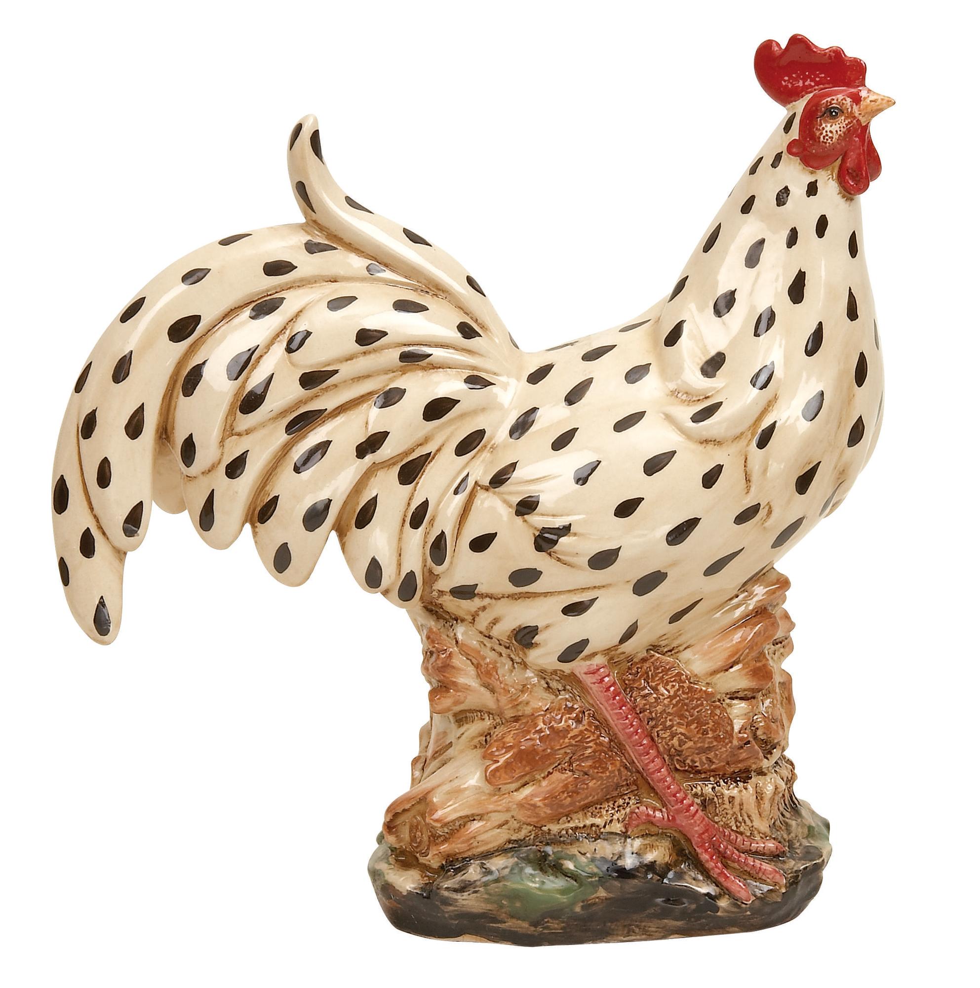 Rooster Beige Ceramic Spotted Indoor Outdoor Decorative Garden Sculpture with Black and Red Accents