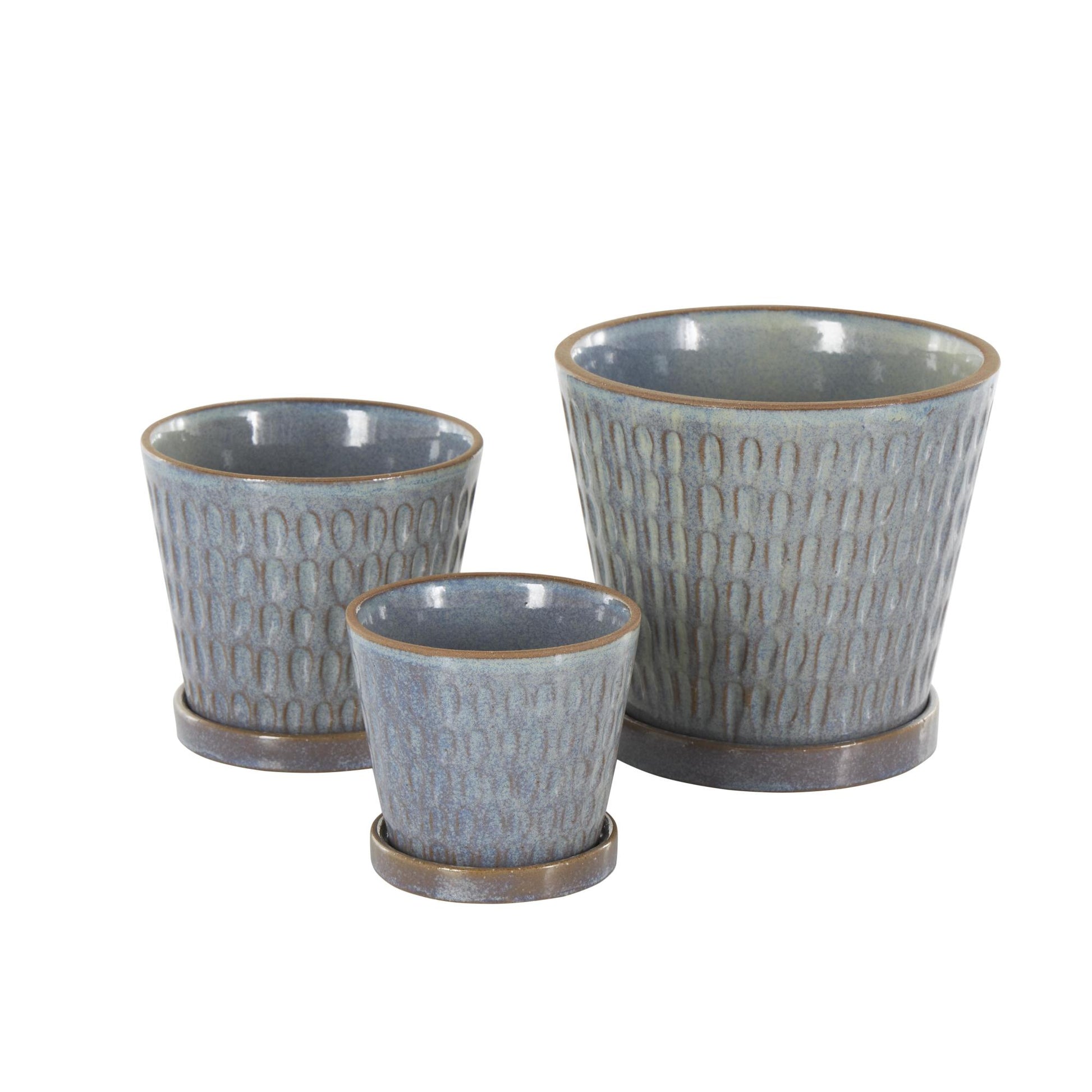 Set of 3 Geometric Blue Ceramic Oval Patterned Indoor Outdoor Planter with Brown Accents and Base Tray