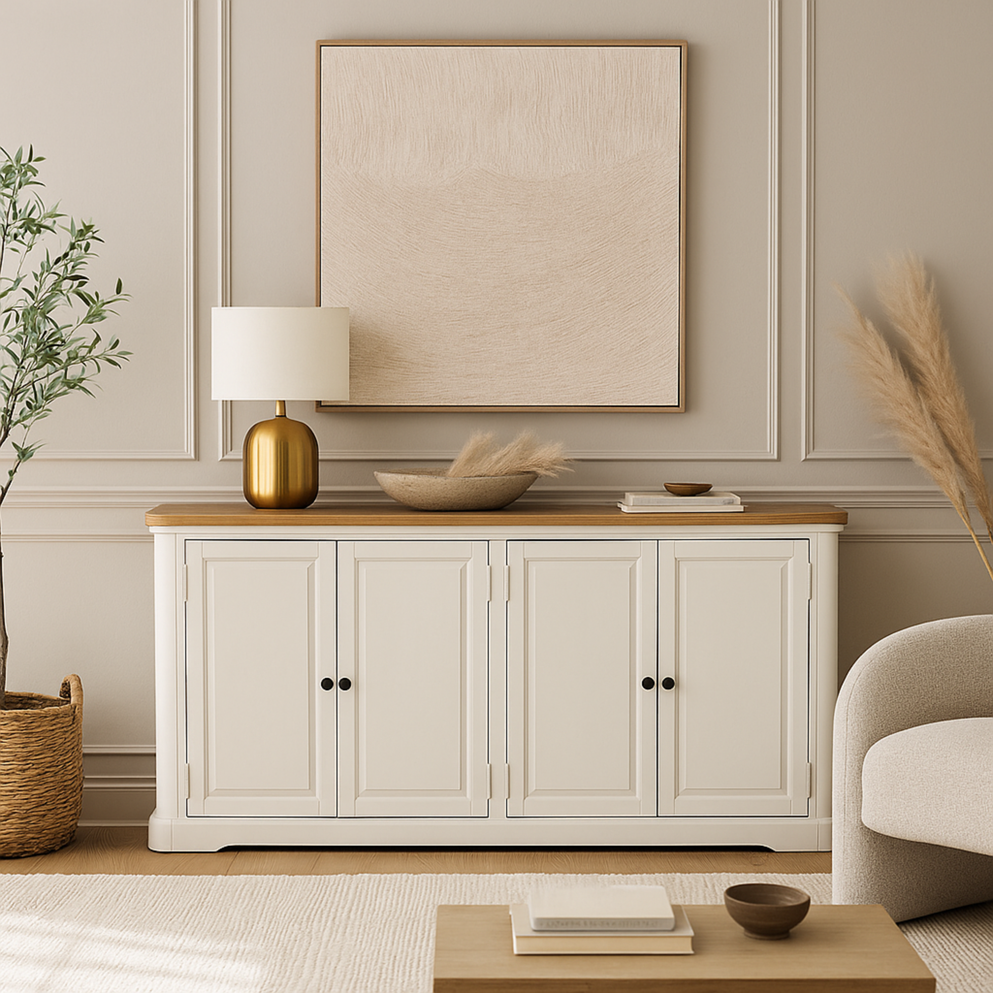 White Wood 4 Door Media Credenza Sideboard with Brown Wood Top and Black Round Knobs