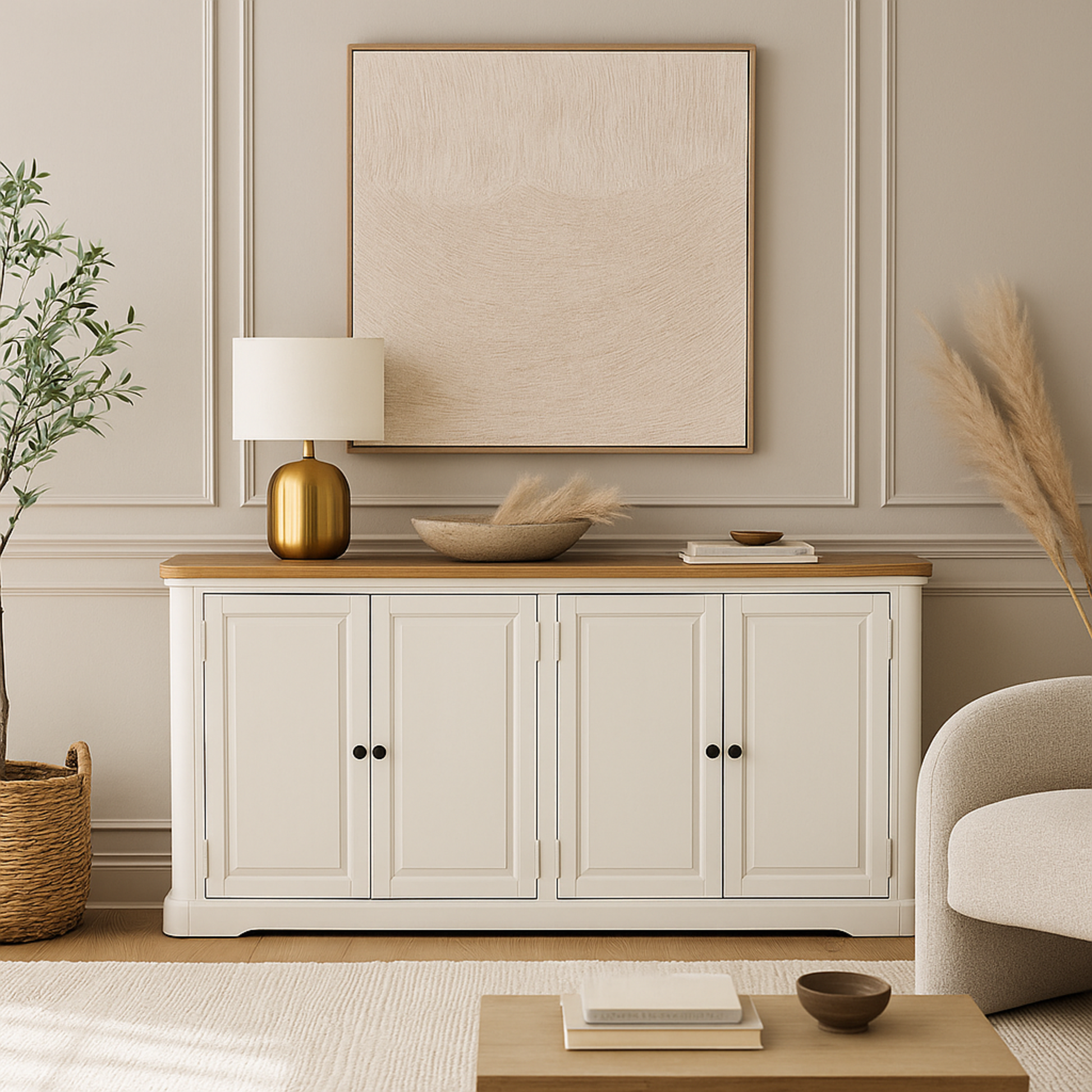 White Wood 4 Door Media Credenza Sideboard with Brown Wood Top and Black Round Knobs