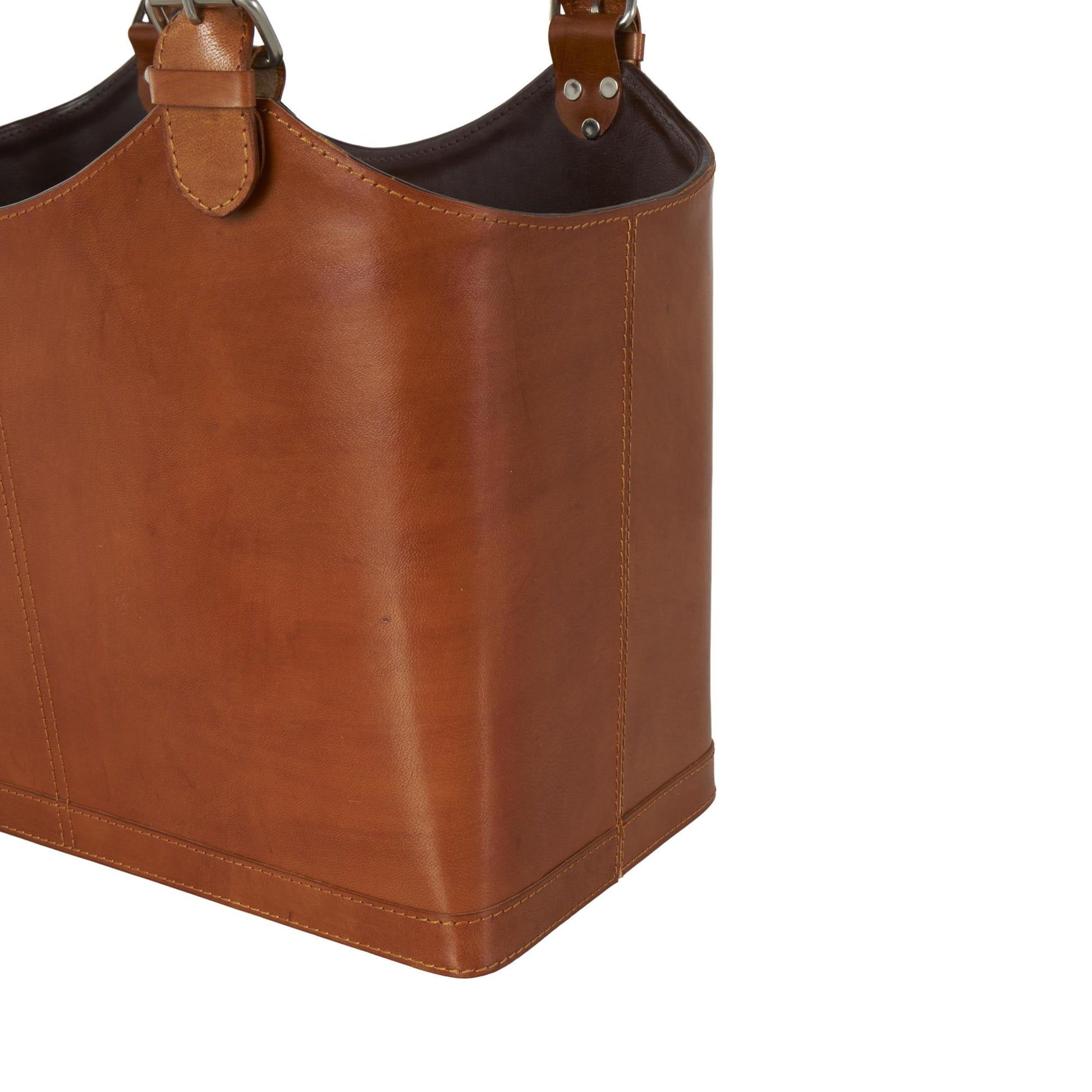 Leather Handmade Box Style Decorative Magazine Holder with Detail Stitching and Curved Buckle Handles