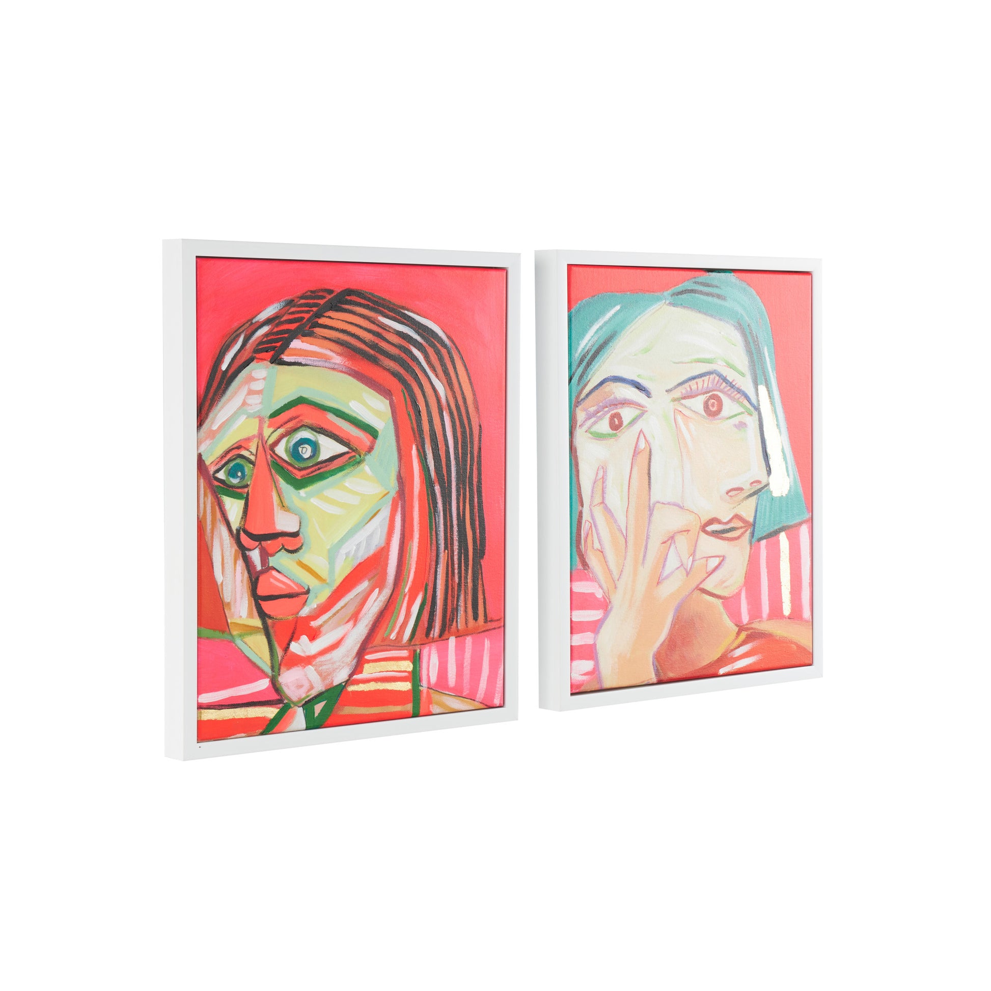 Set of 2 Face Pink Canvas Living Room Framed Wall Art with Teal and Black Accents