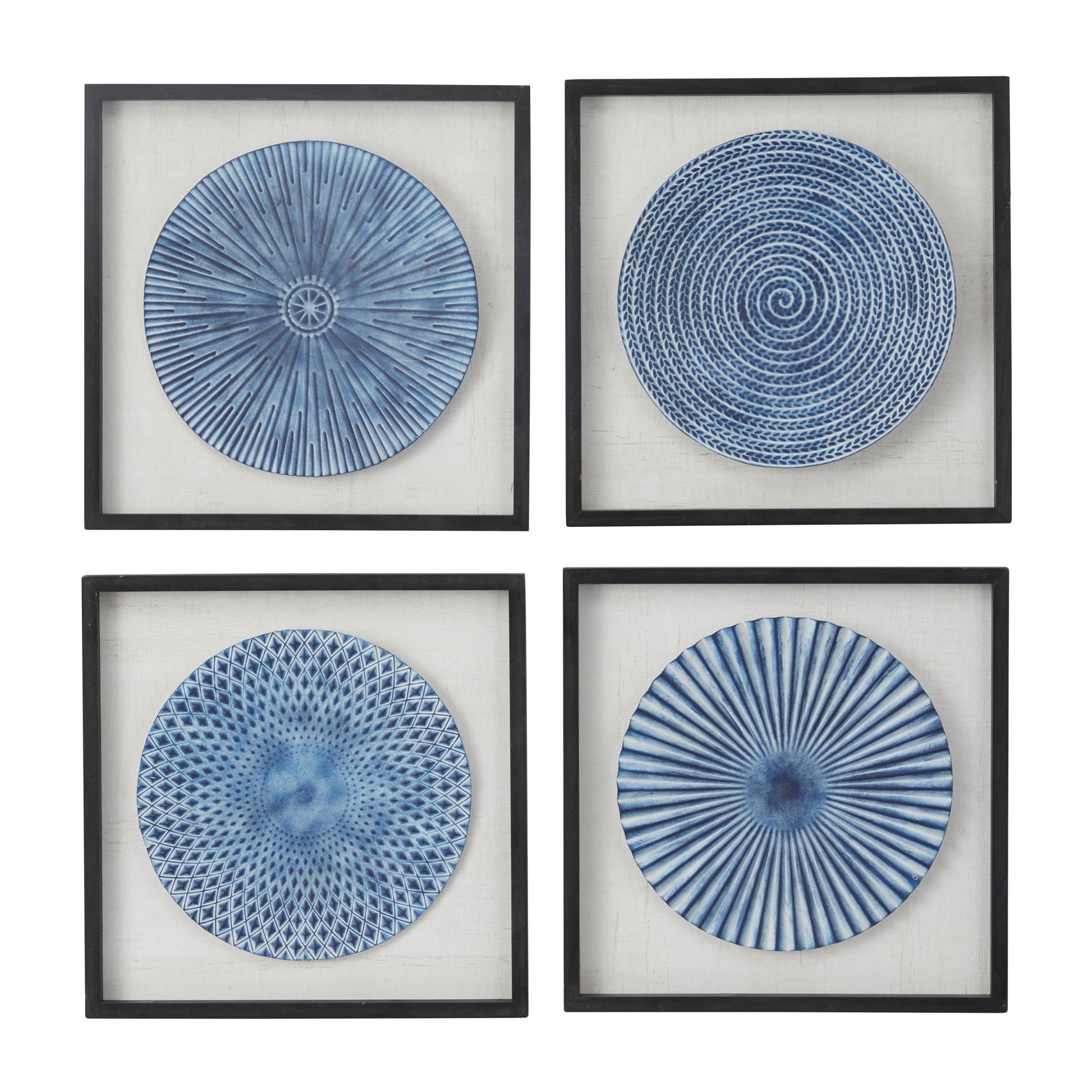 Set of 4 Starburst Blue Metal 3D Spiral Plate Living Room Framed Wall Art with Black Wood Frames