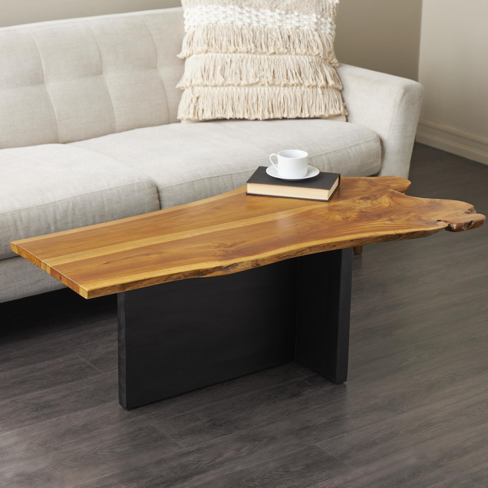 Brown Teak Wood Handmade Living Room Coffee Table with Brown Live Edge Tabletop