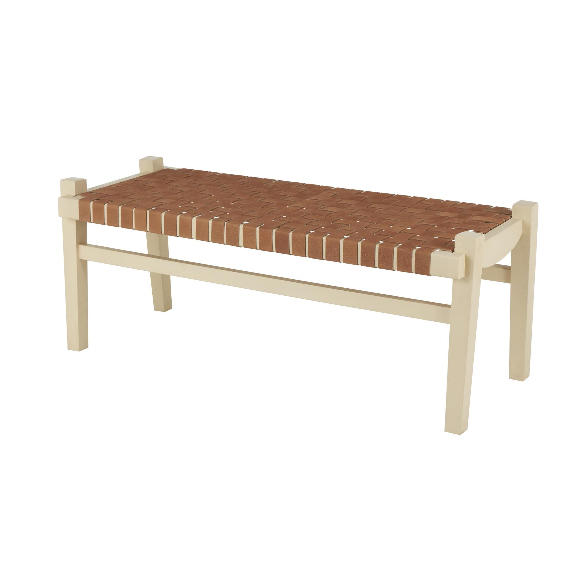 Leather Handmade Woven Seat Home Bench with Beige Wood Base