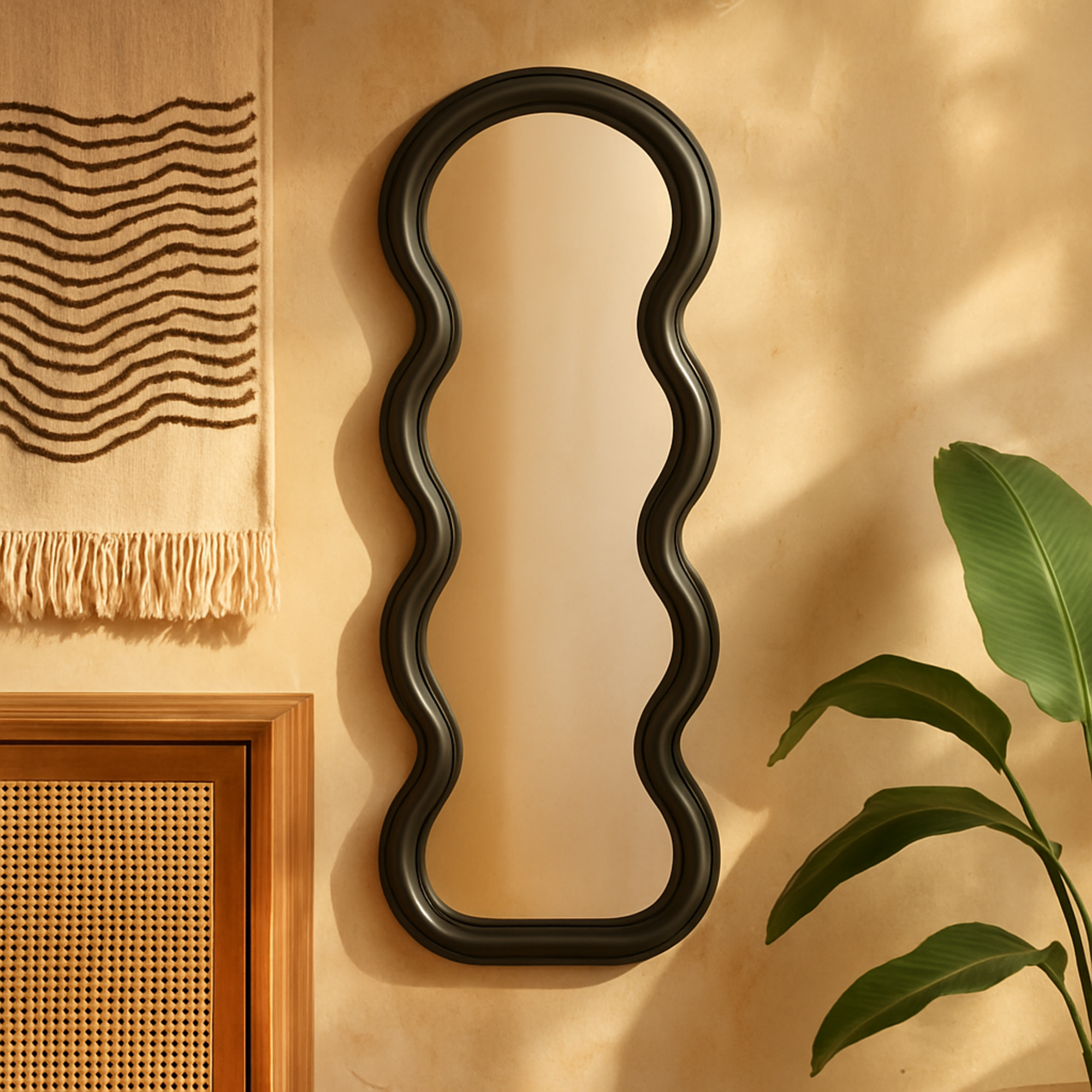 Abstract Wooden Wavy Room Wall Mirror with Layered Frame