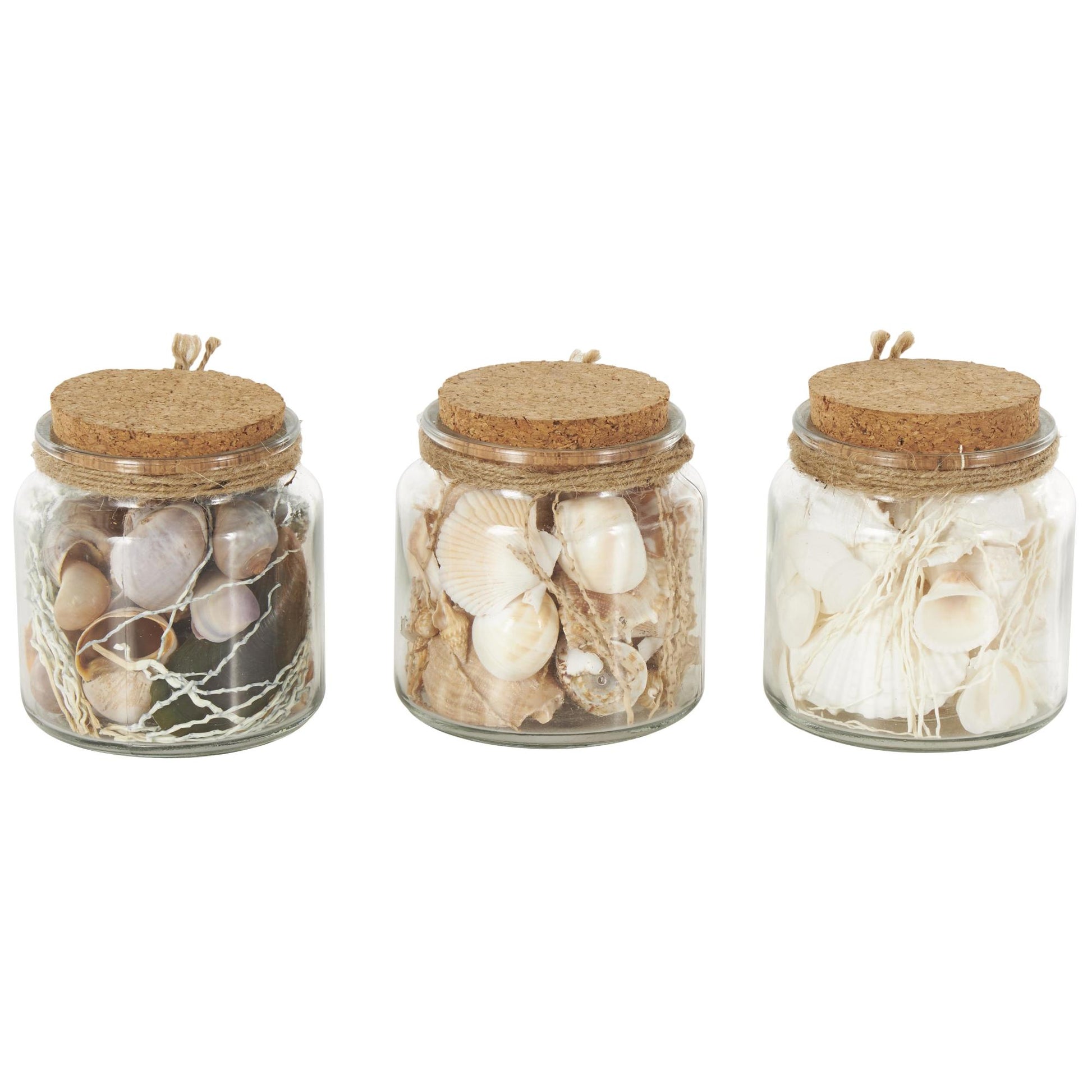 Set of 3 Clear Glass Decorative Orbs & Vase Filler with Seashells and Jute Rope Accents
