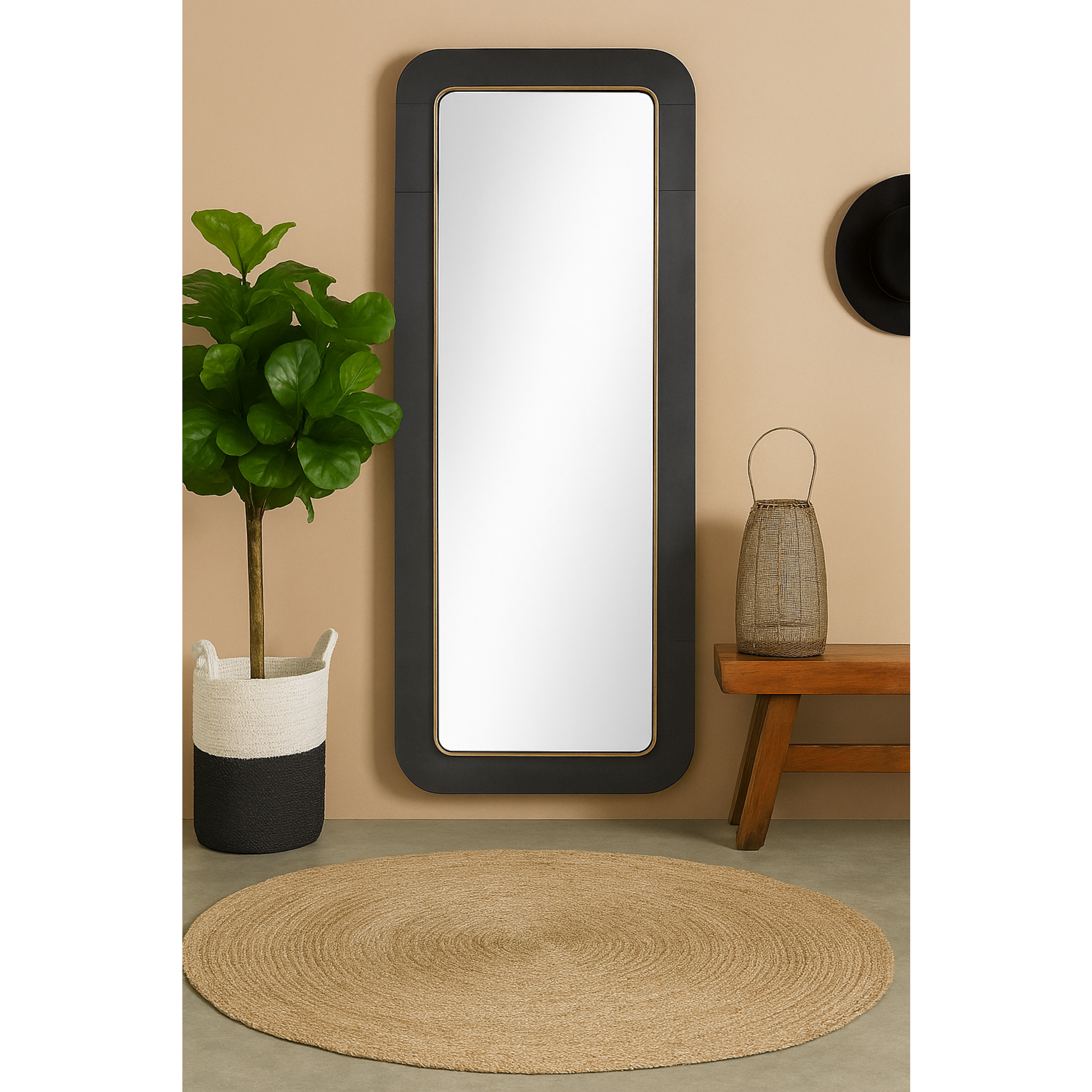 Black Metal Concaved Room Wall Mirror with Gold Detailing