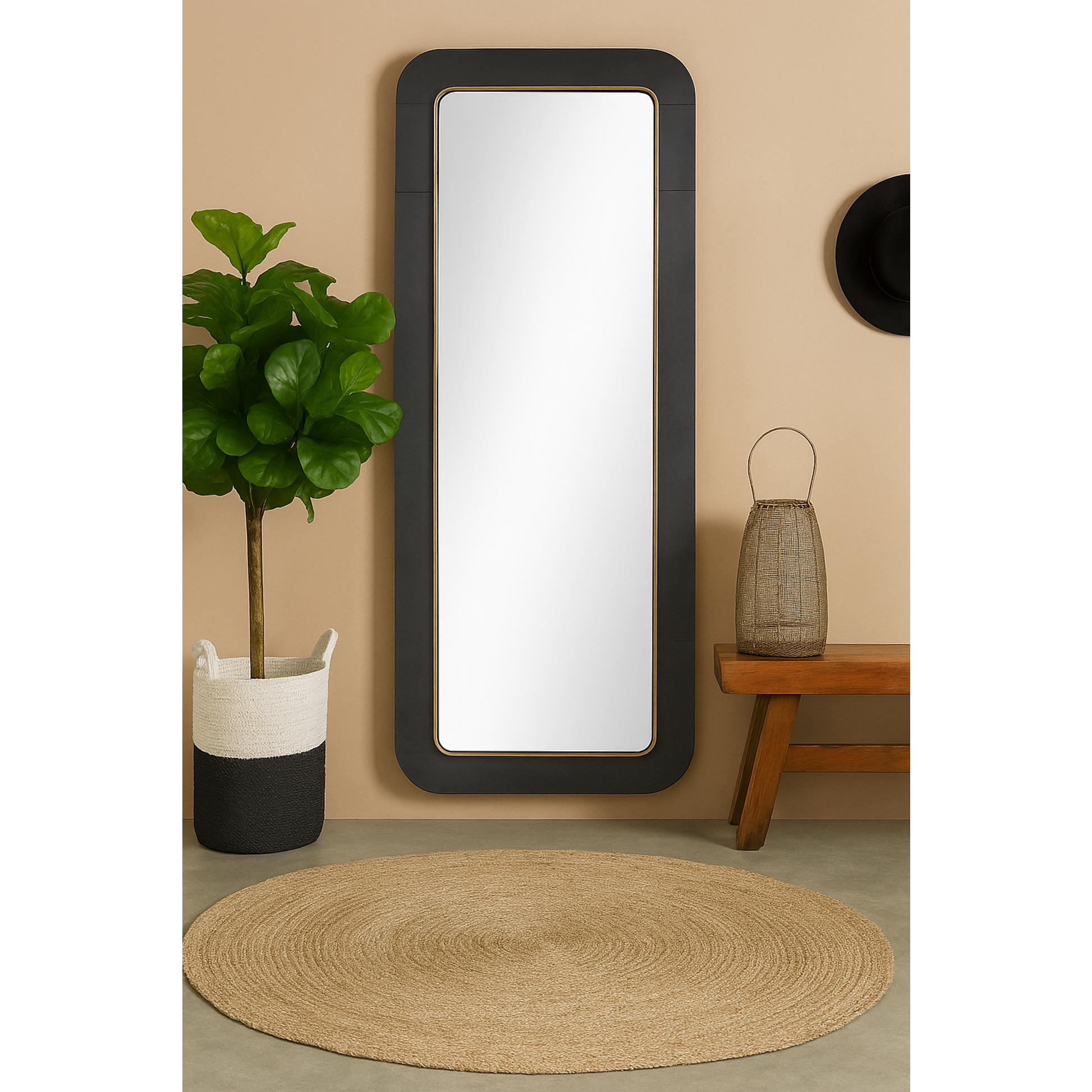 Black Metal Concaved Room Wall Mirror with Gold Detailing