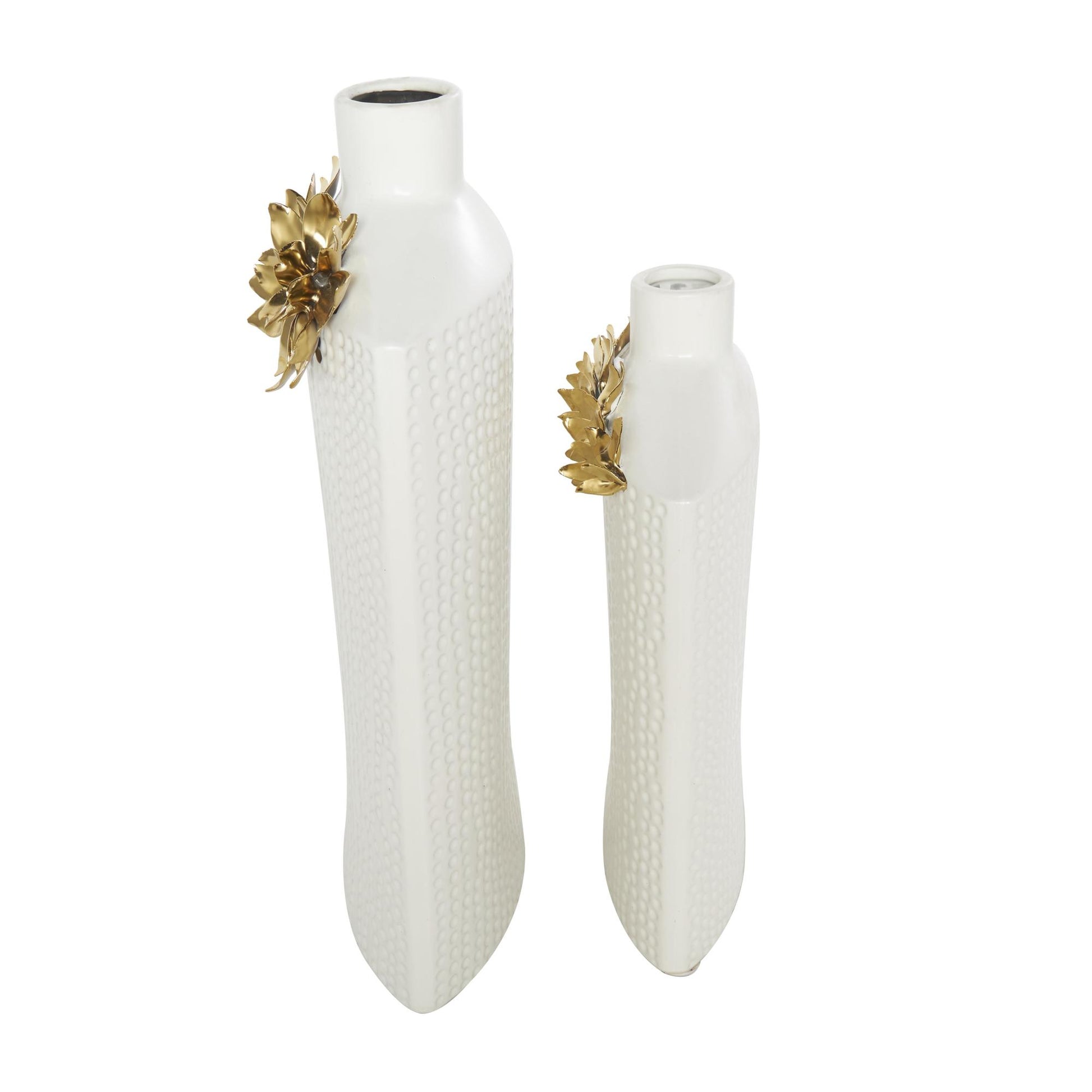 Set of 2 Leaf White Ceramic Decorative Vase with Abstract Spotted Pattern and Gold Accents