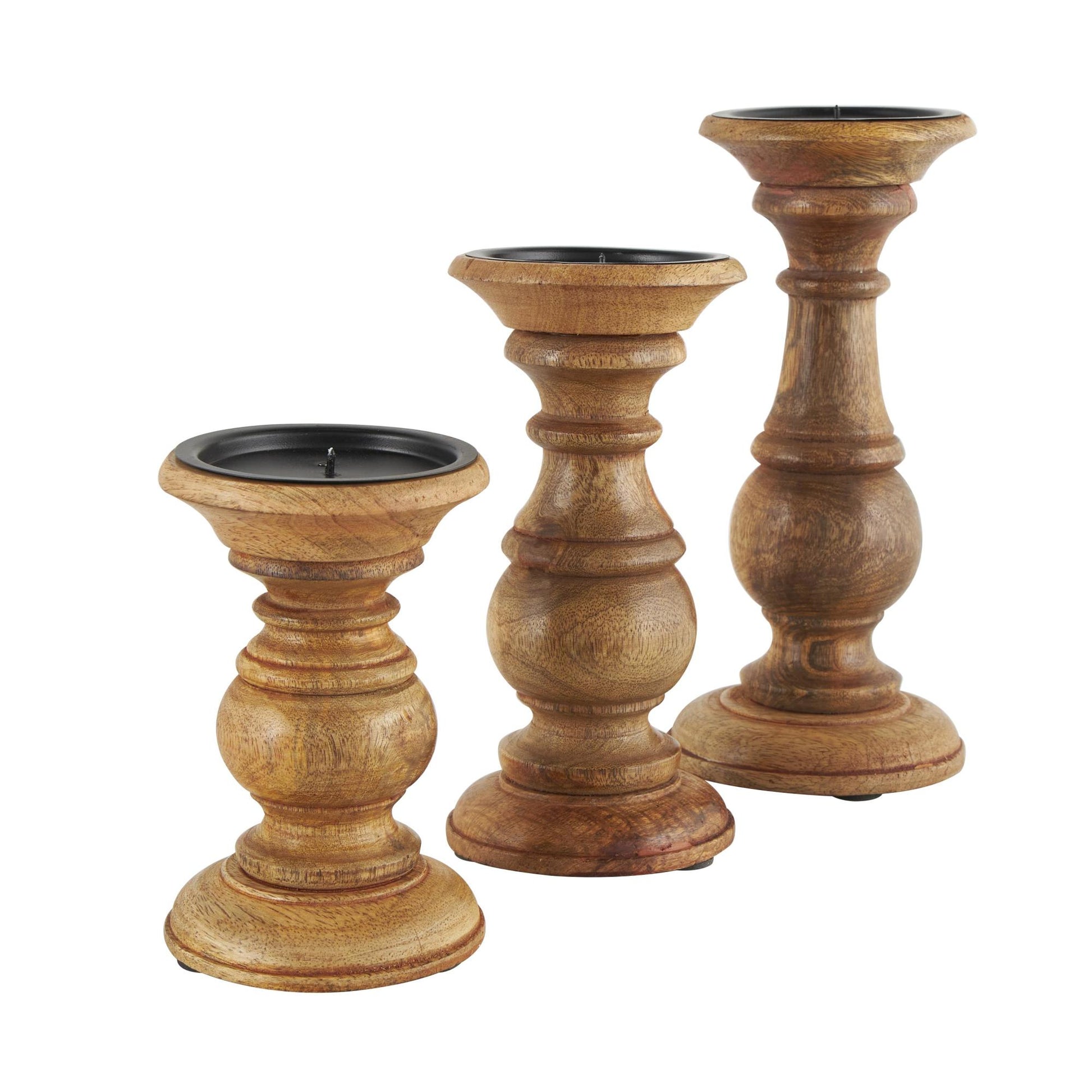 Set of 3 Mango Wood Distressed Turned Pillar Decorative Candle Holder