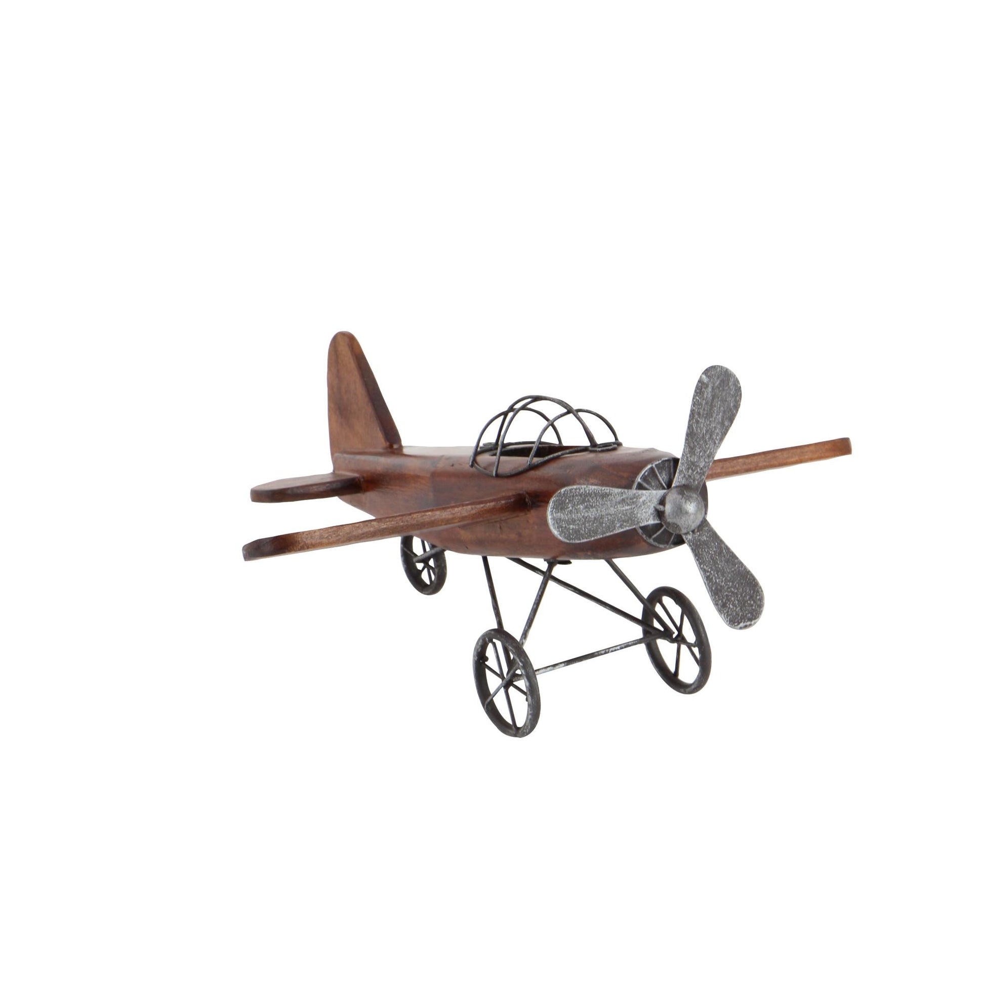 Airplane Brown Wood Decorative Sculpture with Gray Metal Accents