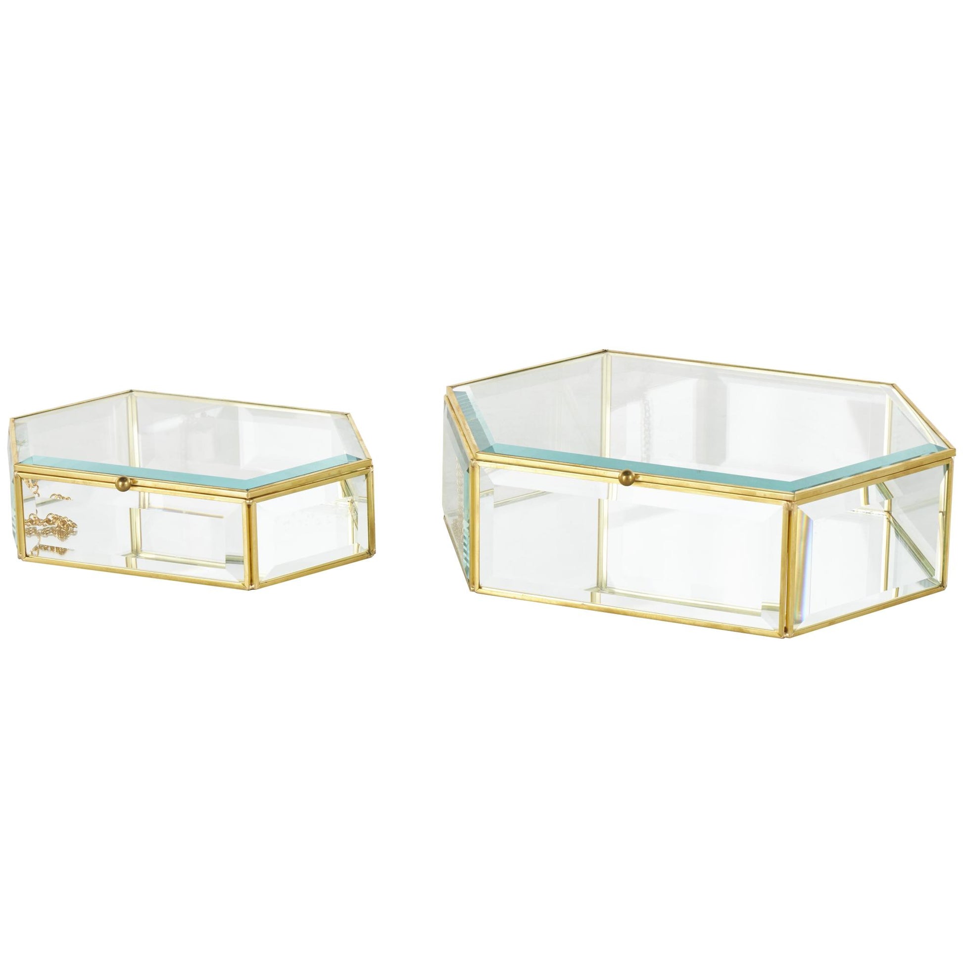 Set of 2 Geometric Clear Glass Beveled Hexagon Decorative Jewelry Box with Gold Metal Frame and Chain Accent