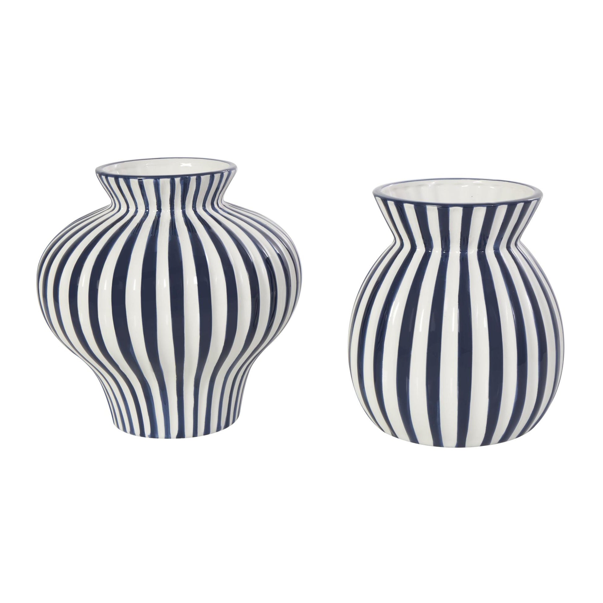 Set of 2 Blue Ceramic Striped Rounded Decorative Vase with Varying Shapes