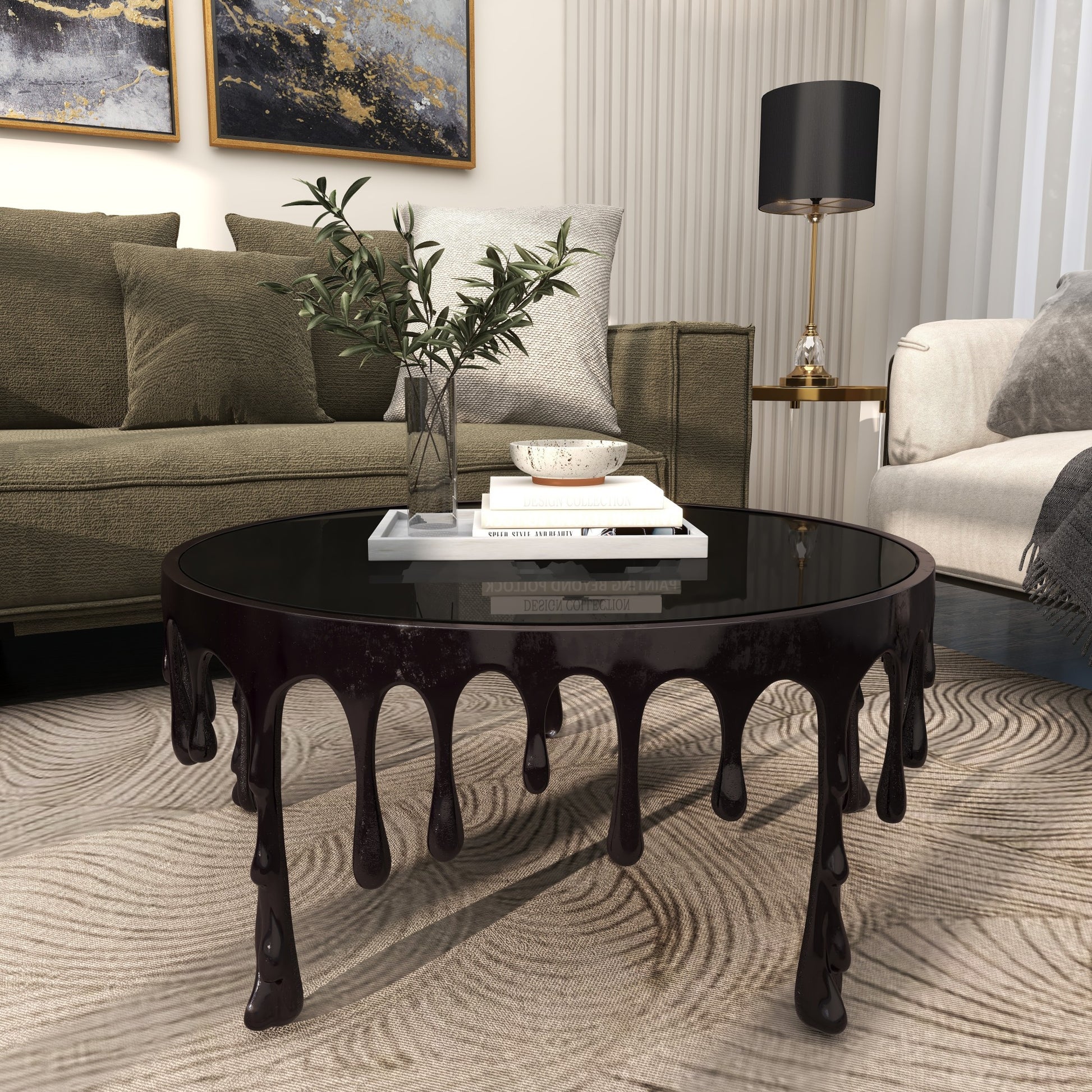 Abstract Aluminum Metal Drip Living Room Coffee Table with Melting Designed Legs and Shaded Glass Top