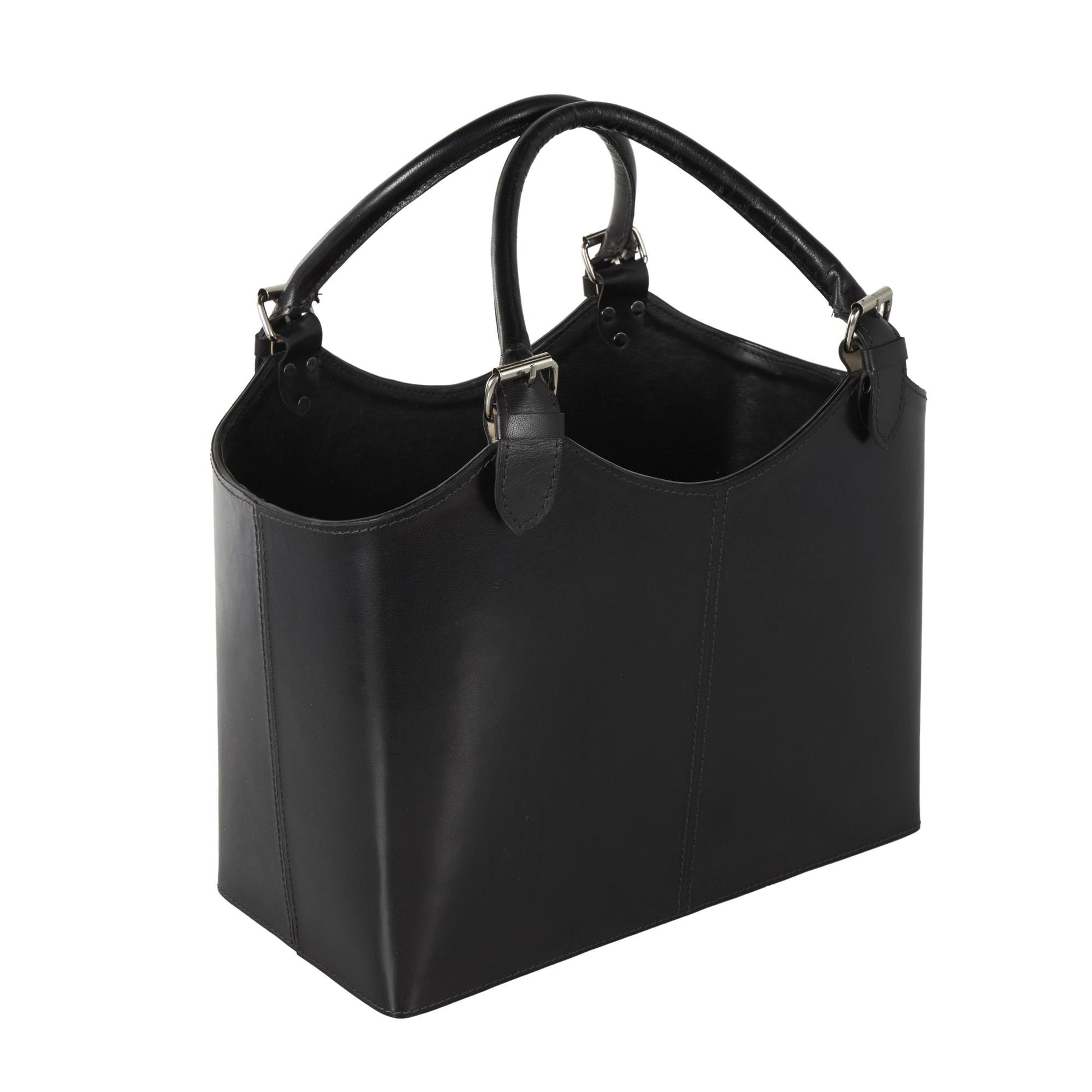 Leather Handmade Box Style Decorative Magazine Holder with Detail Stitching and Curved Buckle Handles