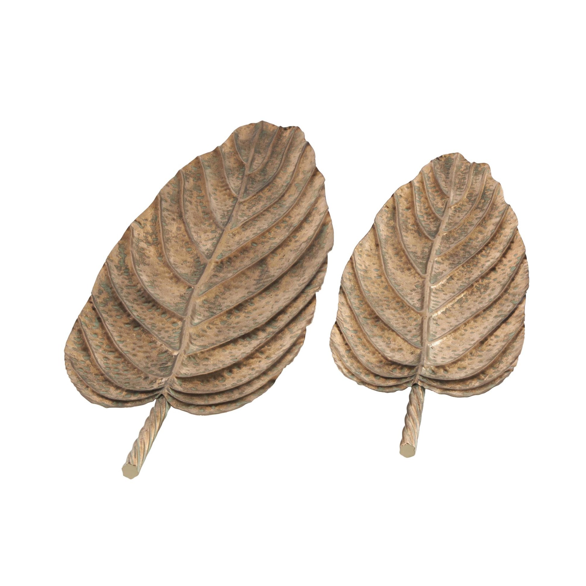 Set of 2 Leaf Copper Metal Textured Living Room Decor Tray with Patina Accents and Elevated Feet
