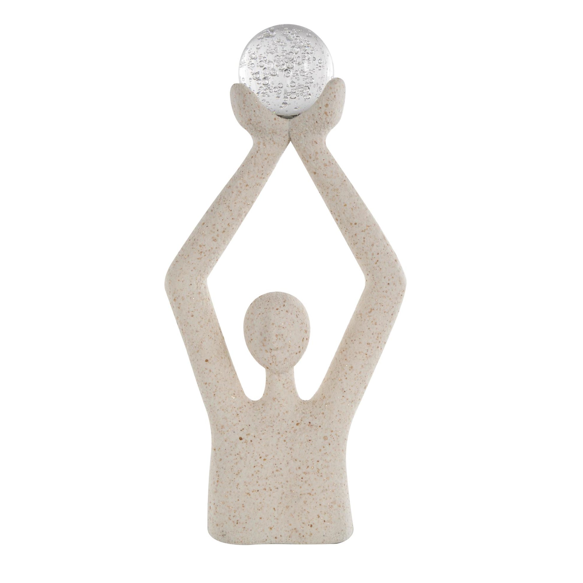 People Cream Polystone Abstract Textured Decorative Sculpture with Clear Glass Ball and Gold Speckles