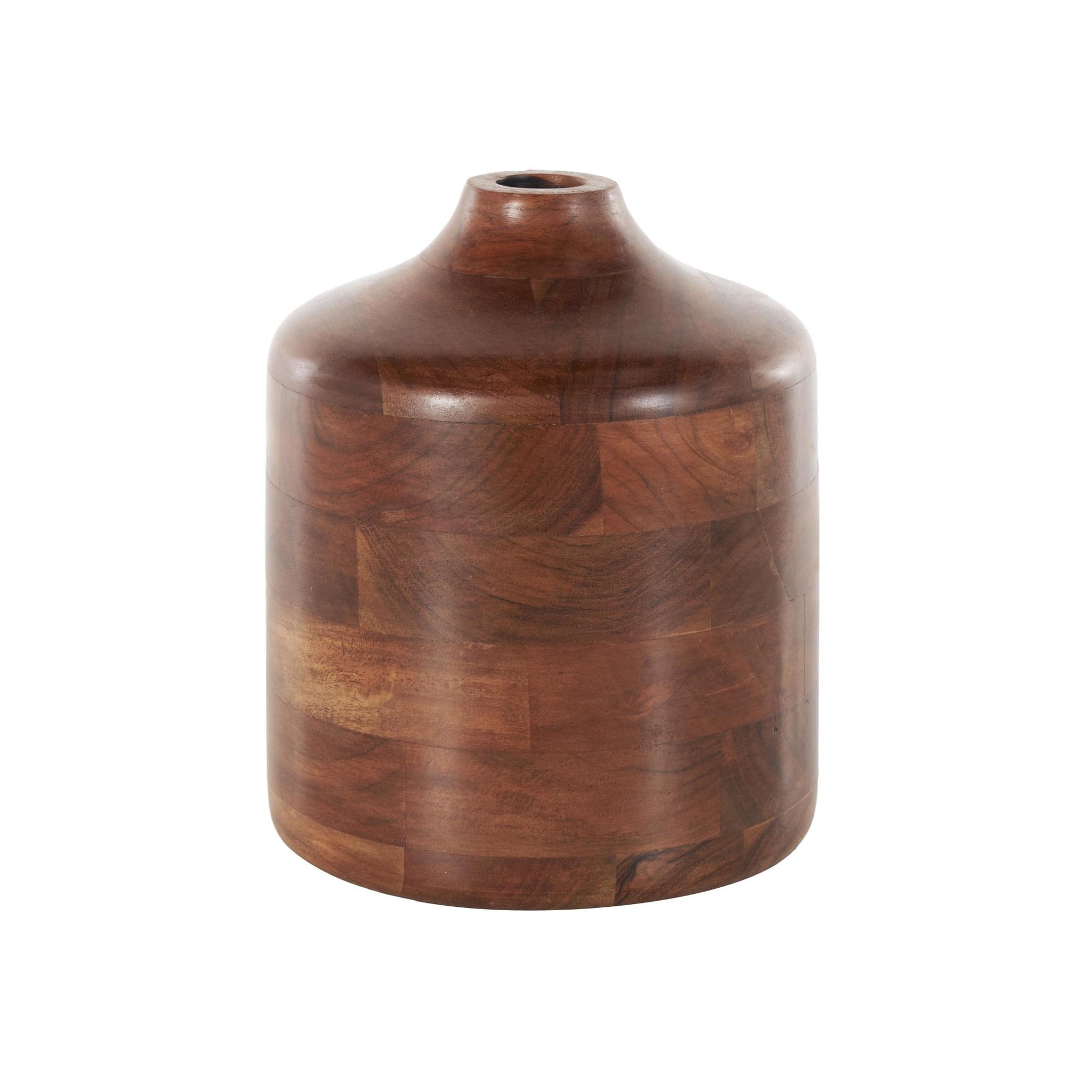 Brown Wood Decorative Vase with Mosaic Strips and Natural Wood Grains