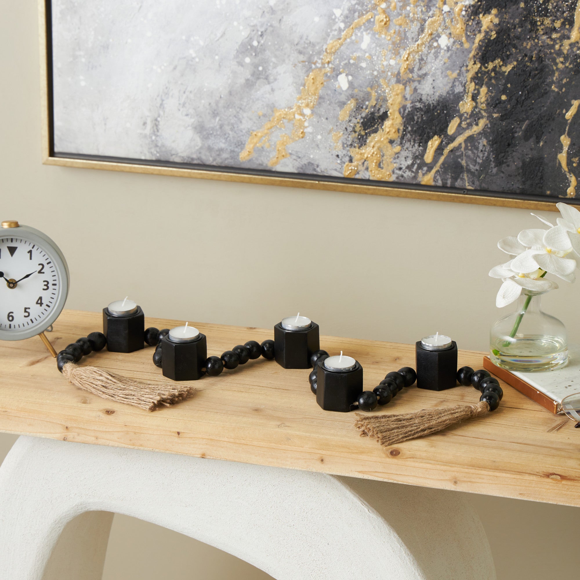 Mango Wood Garland Decorative Candle Holder with Brown Tassel