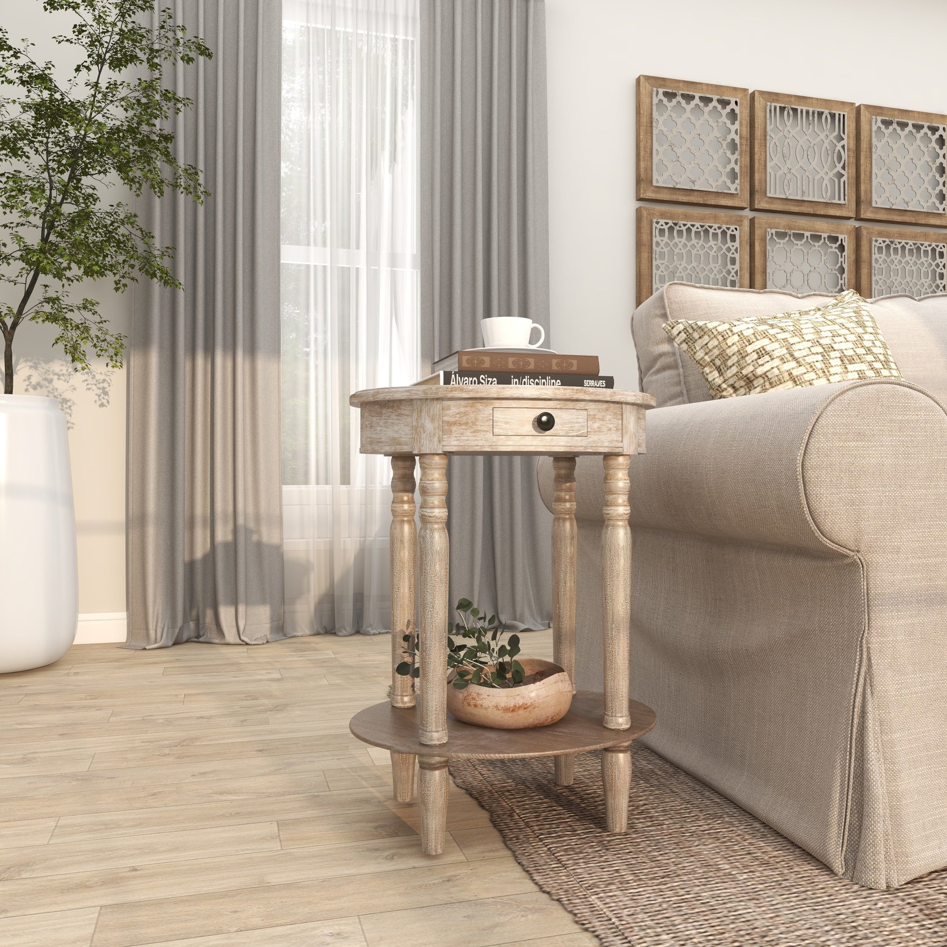 Light Brown Wood Whitewashed Oval 1 Drawer Side End Accent Table