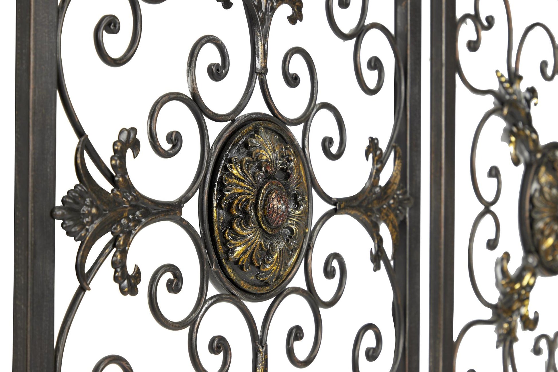 Set of 4 Fleur De Lis Brown Metal Wire Scroll Home Wall Decor with Gold Accents