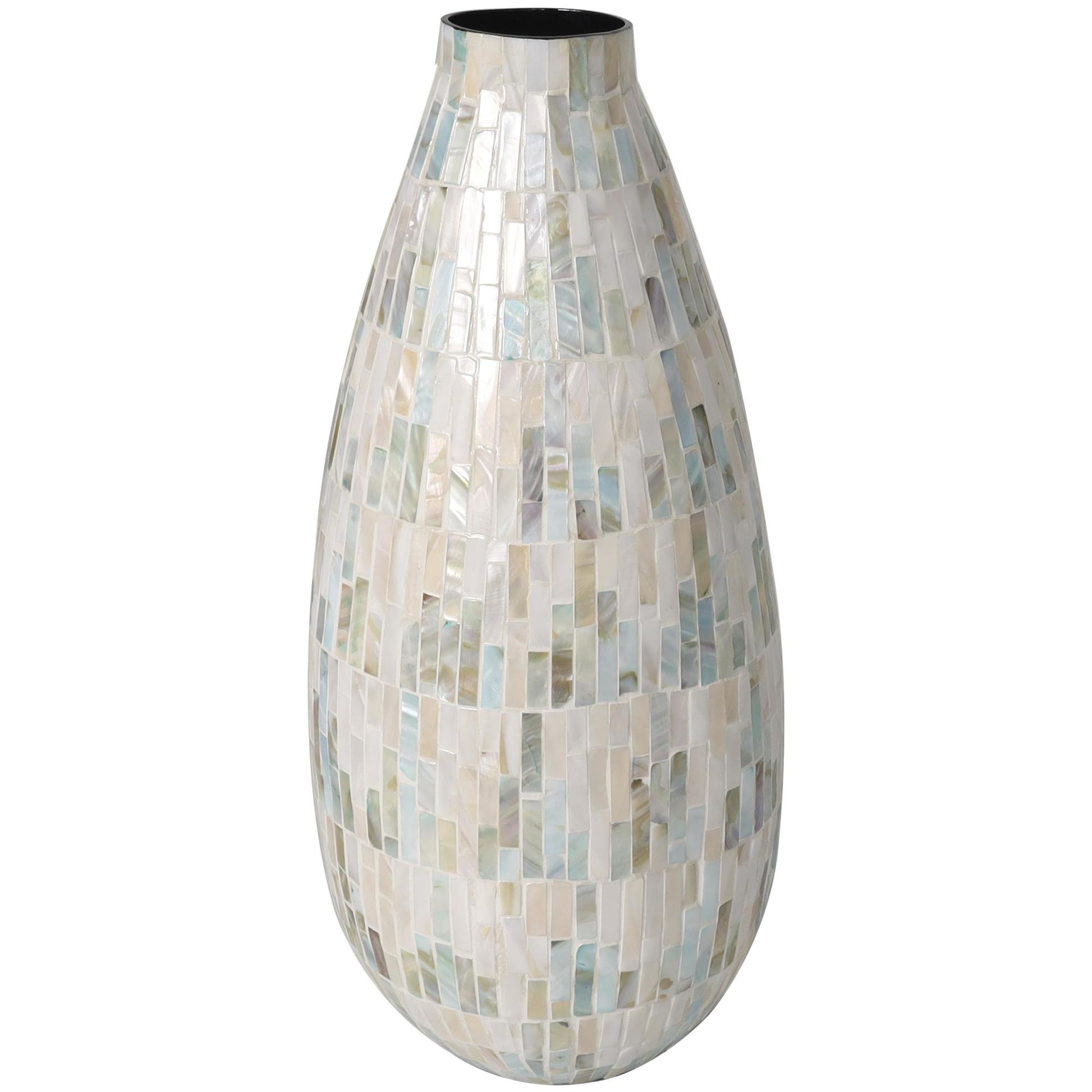 White Mother of Pearl Shell Handmade Mosaic Inspired Decorative Vase with Pastel Blue and Pink Accents