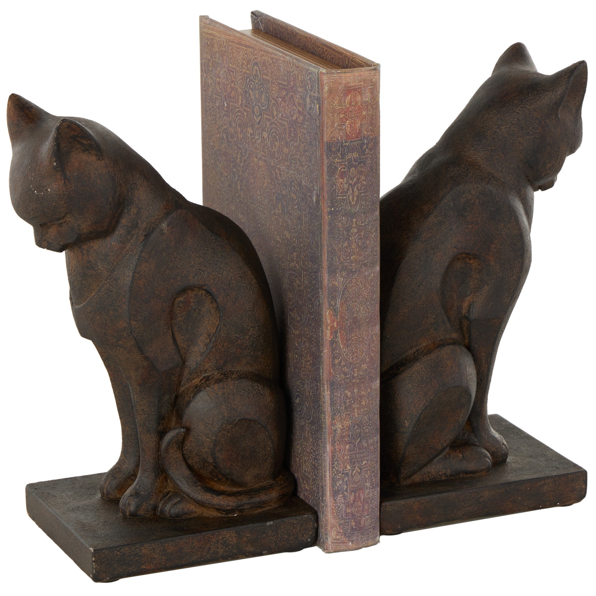 Set of 2 Cat Dark Brown Resin Frowning Decorative Bookends with Copper Accents