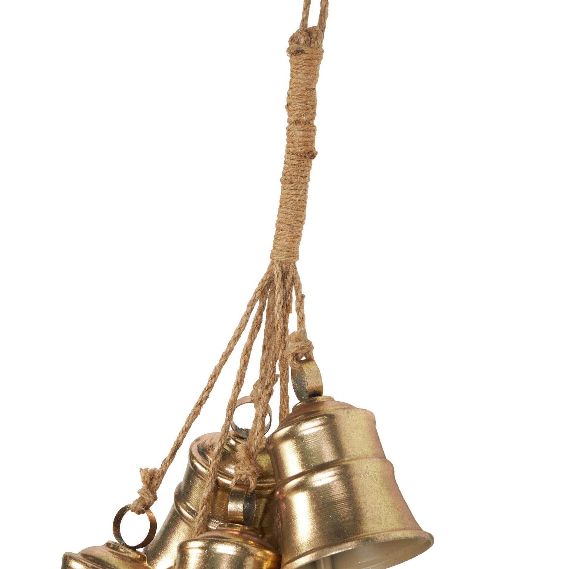 Gold Metal Tibetan Inspired Cascading Cluster Indoor Outdoor Decorative Bells with 8 Bells on Jute Hanging Rope