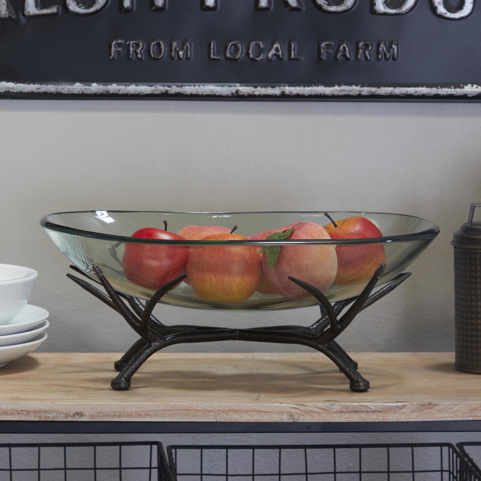 Kitchen Clear Glass Decorative Serving Bowl with Black Metal Branch Stand