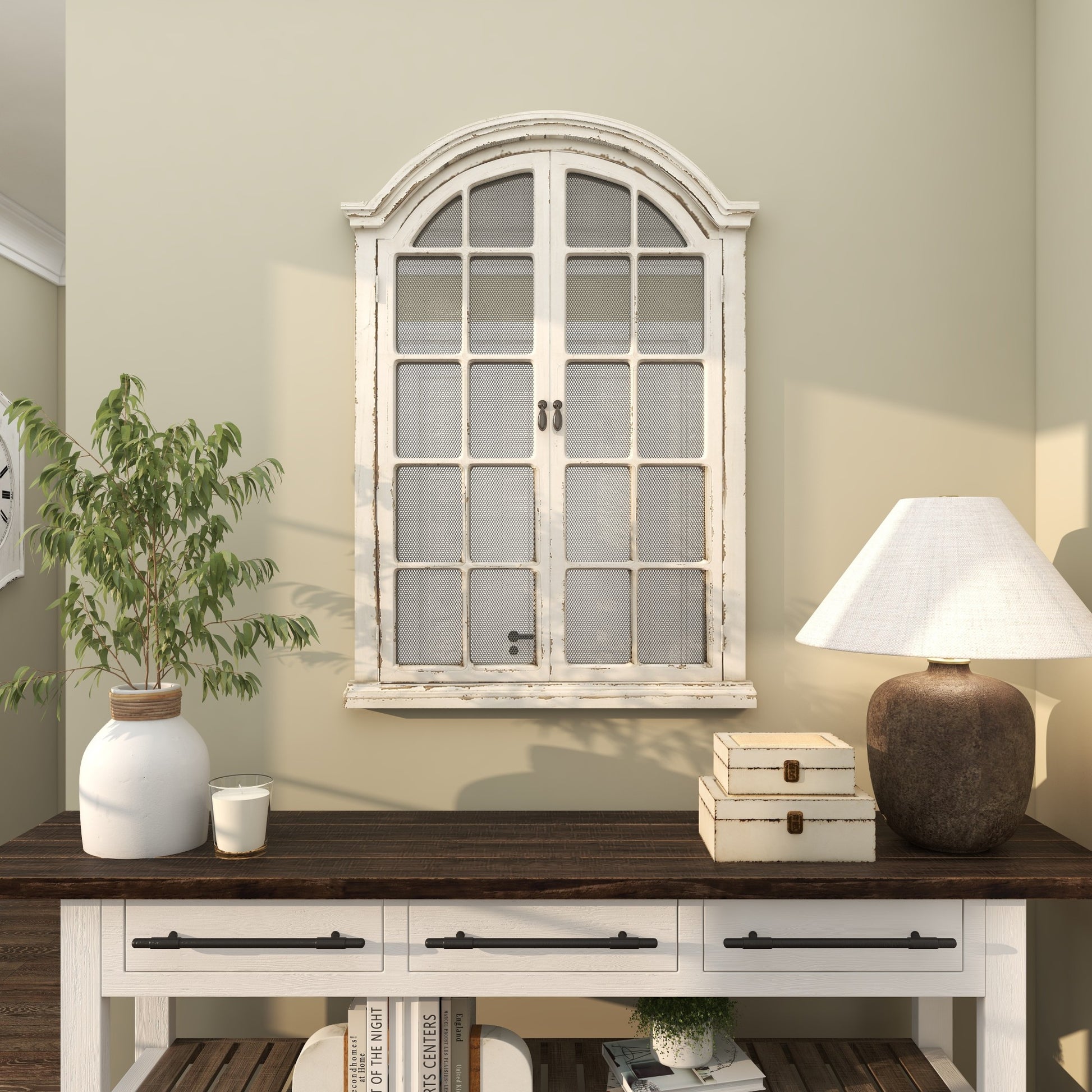 Cream Wood Window Pane Inspired Room Wall Mirror with Arched Top and Distressing