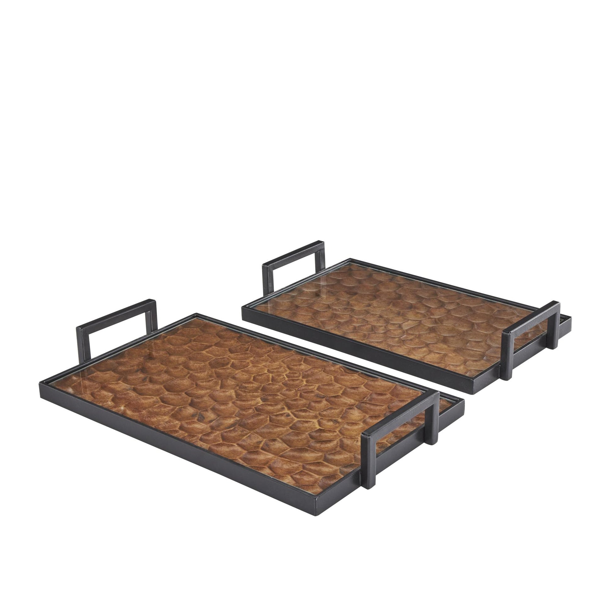 Set of 2 Brown Wood Handmade Carved Pebbled Bottom Living Room Decor Tray with Black handles