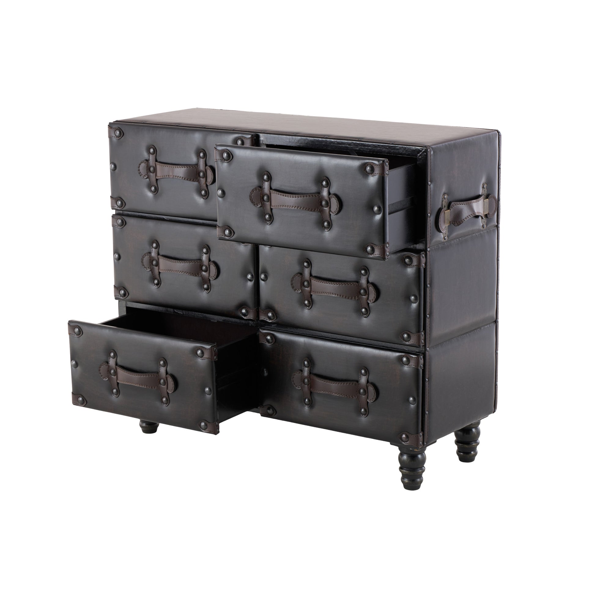 Black Wood Vintage Faux Leather Room Chest with Rivets and Straps Detailing