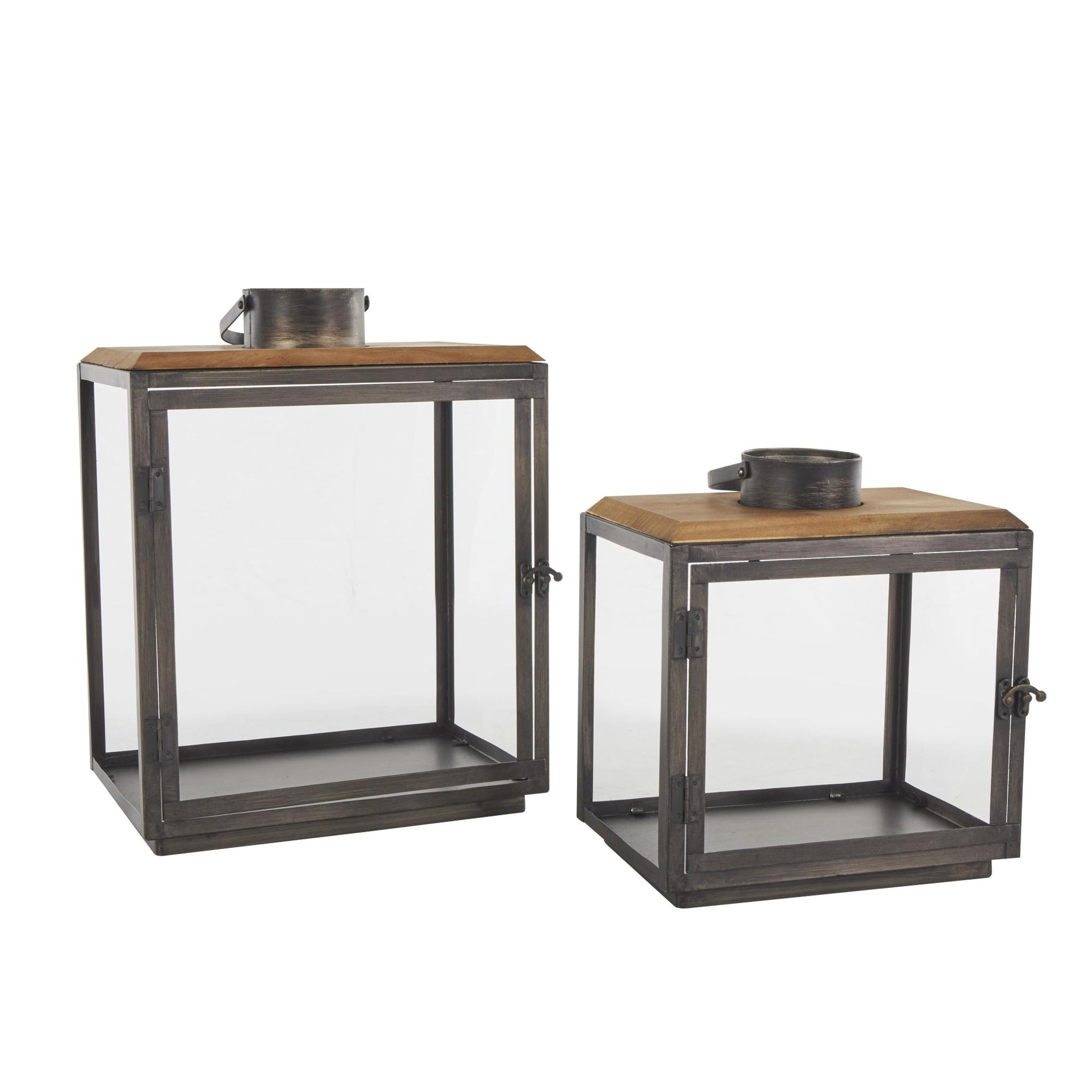 Set of 2 Dark Gray Metal Brushed Rectangular Indoor Outdoor Candle Lantern with Brown Wood Tops