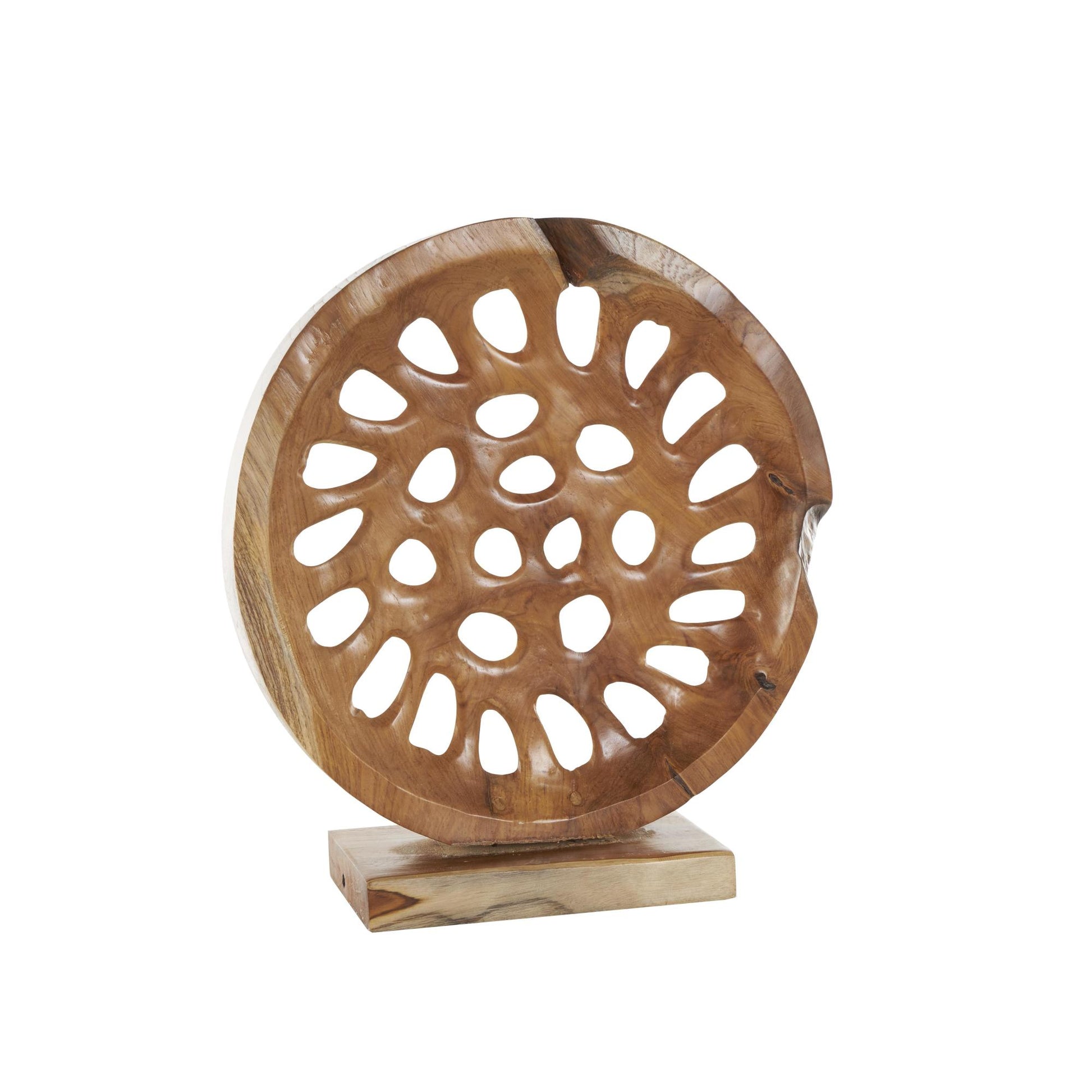 Abstract Brown Teak Wood Handmade Circular Cutout Decorative Sculpture