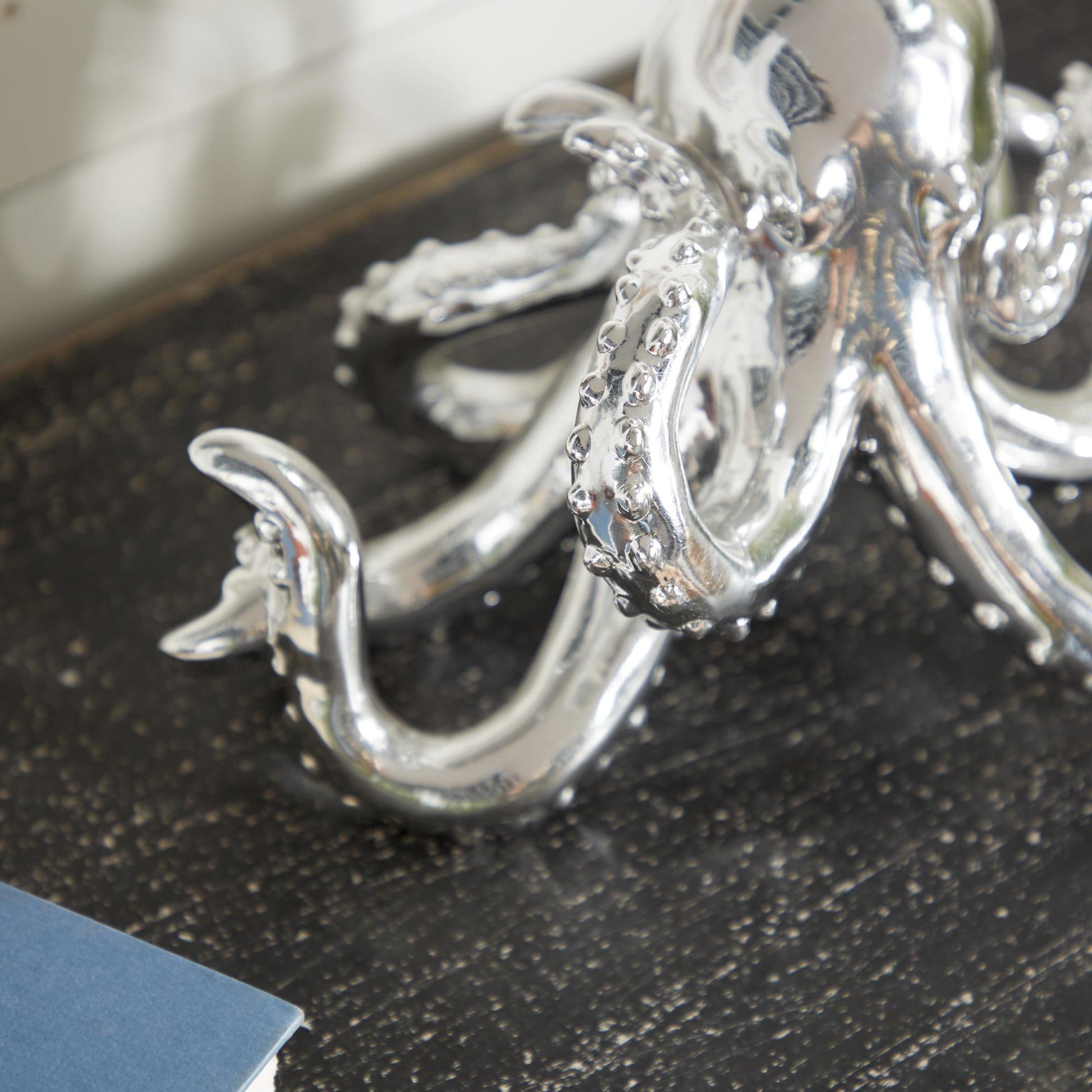 Octopus Silver Polystone Decorative Sculpture with Long Tentacles and Suctions Detailing