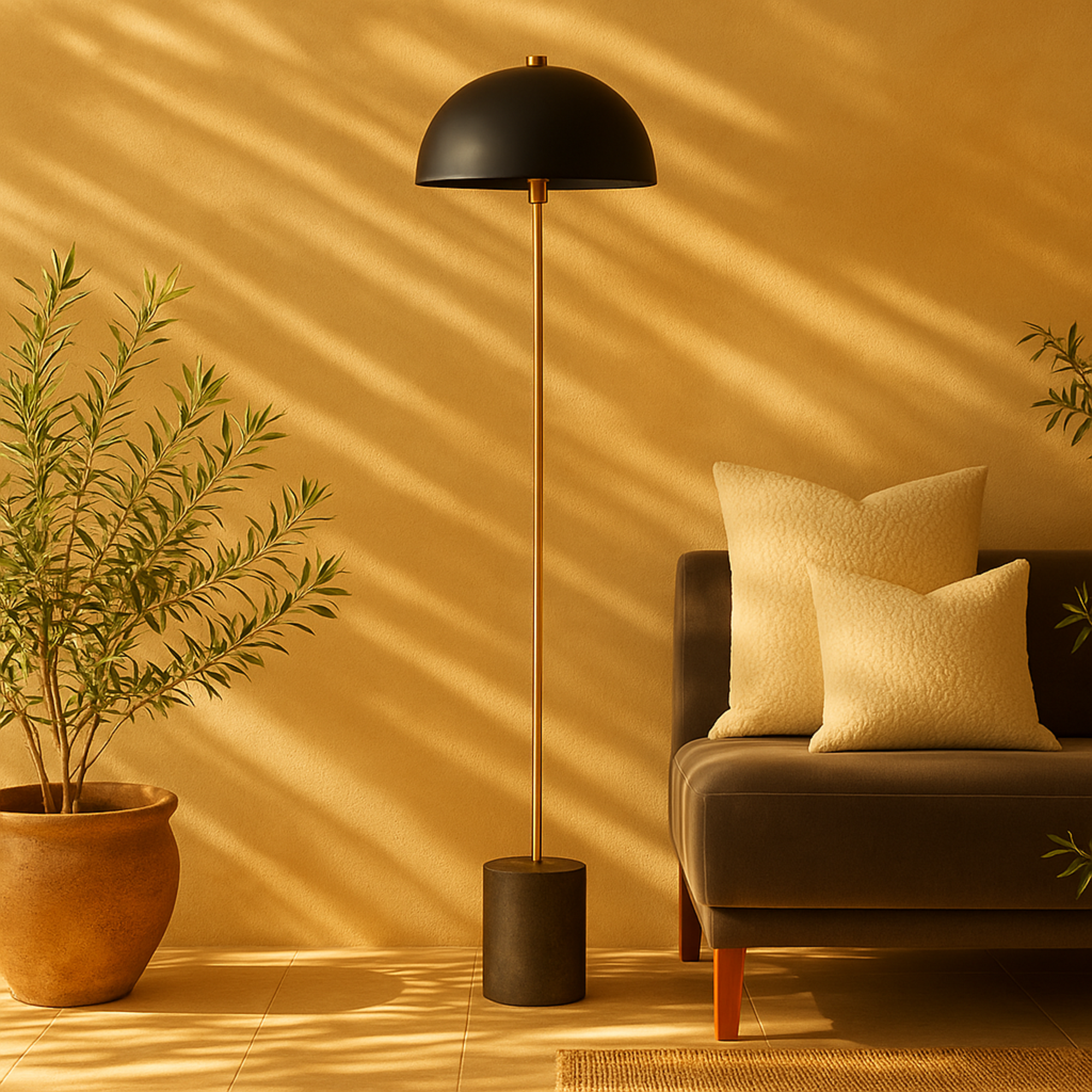 Metal Umbrella Style Room Floor Lamp with Black Marble Base