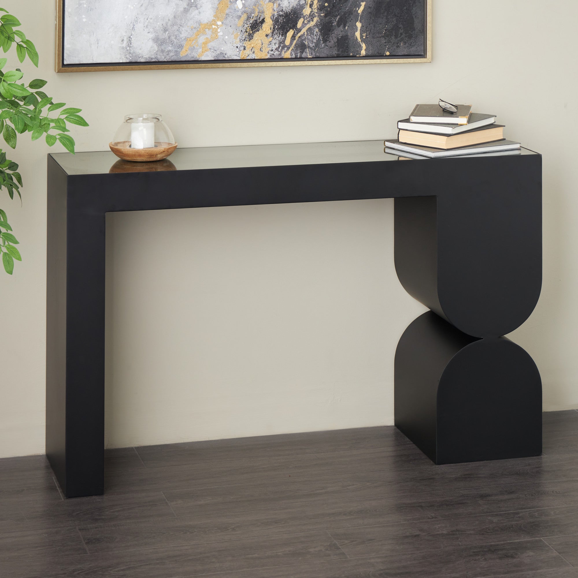 Geometric Black Metal Rectangular Living Room Console Table with Stacked Arched Table Leg